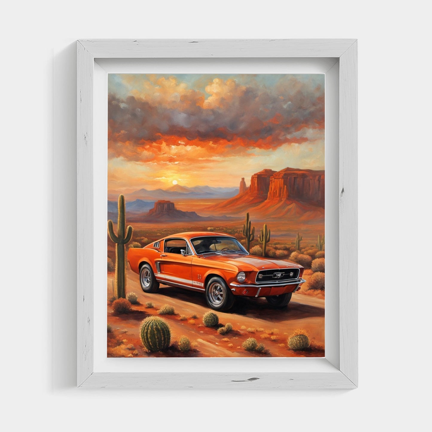 American car wall art print featuring a classic orange muscle car in a desert landscape at sunset