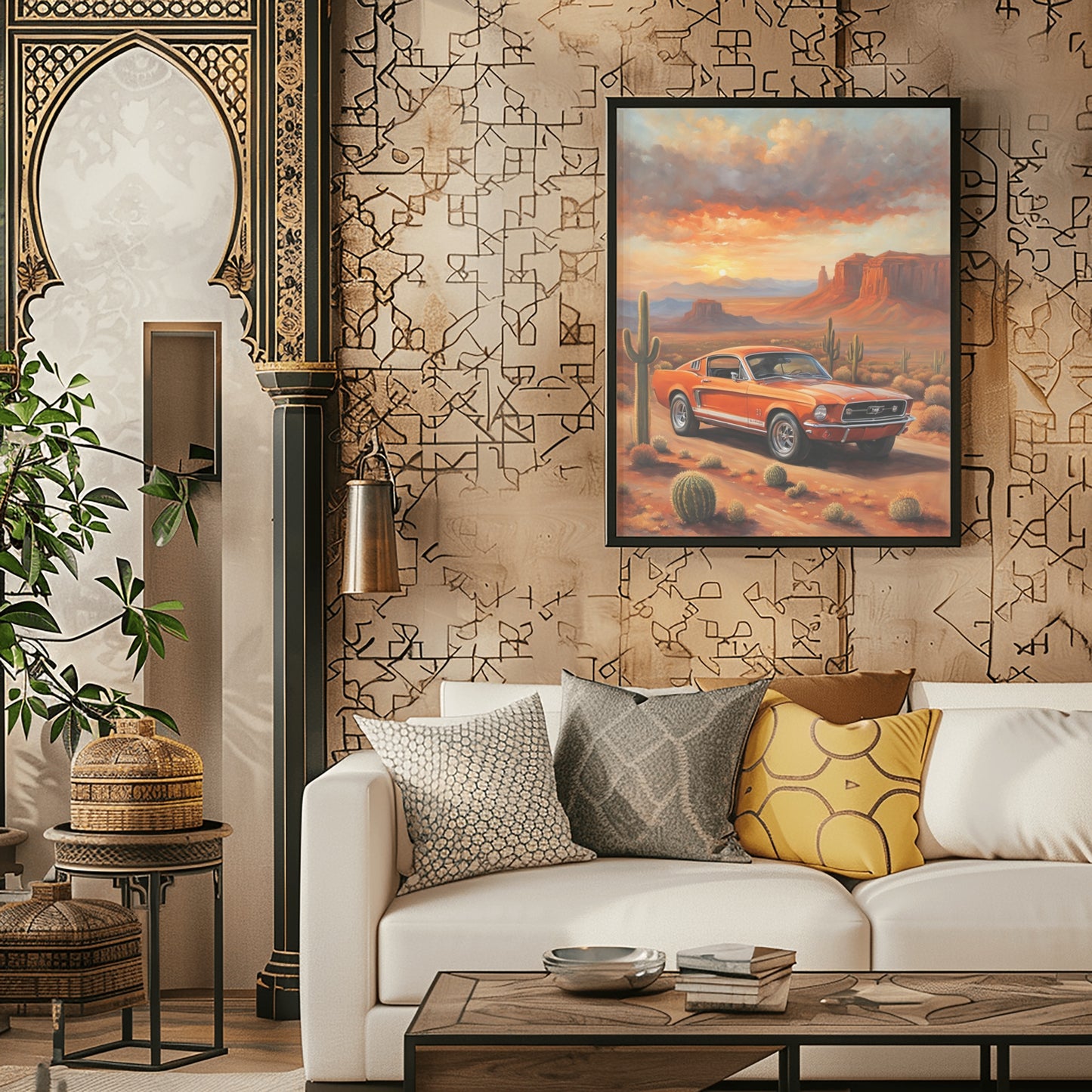 American car wall art print featuring a vintage red car in a desert landscape hanging above white sofa in stylish living room