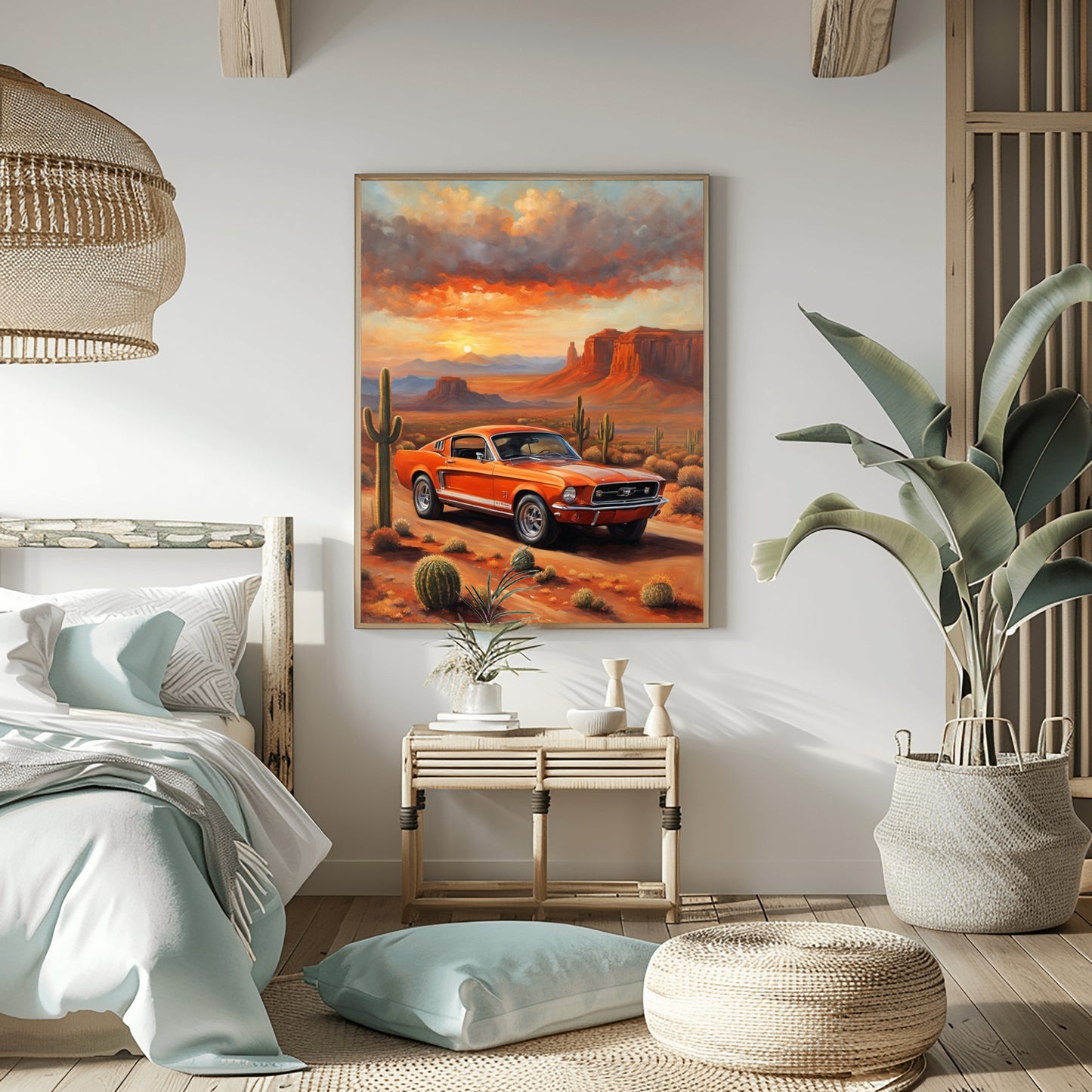 American car wall art print featuring an orange classic car in a desert landscape with cacti and red rock formations