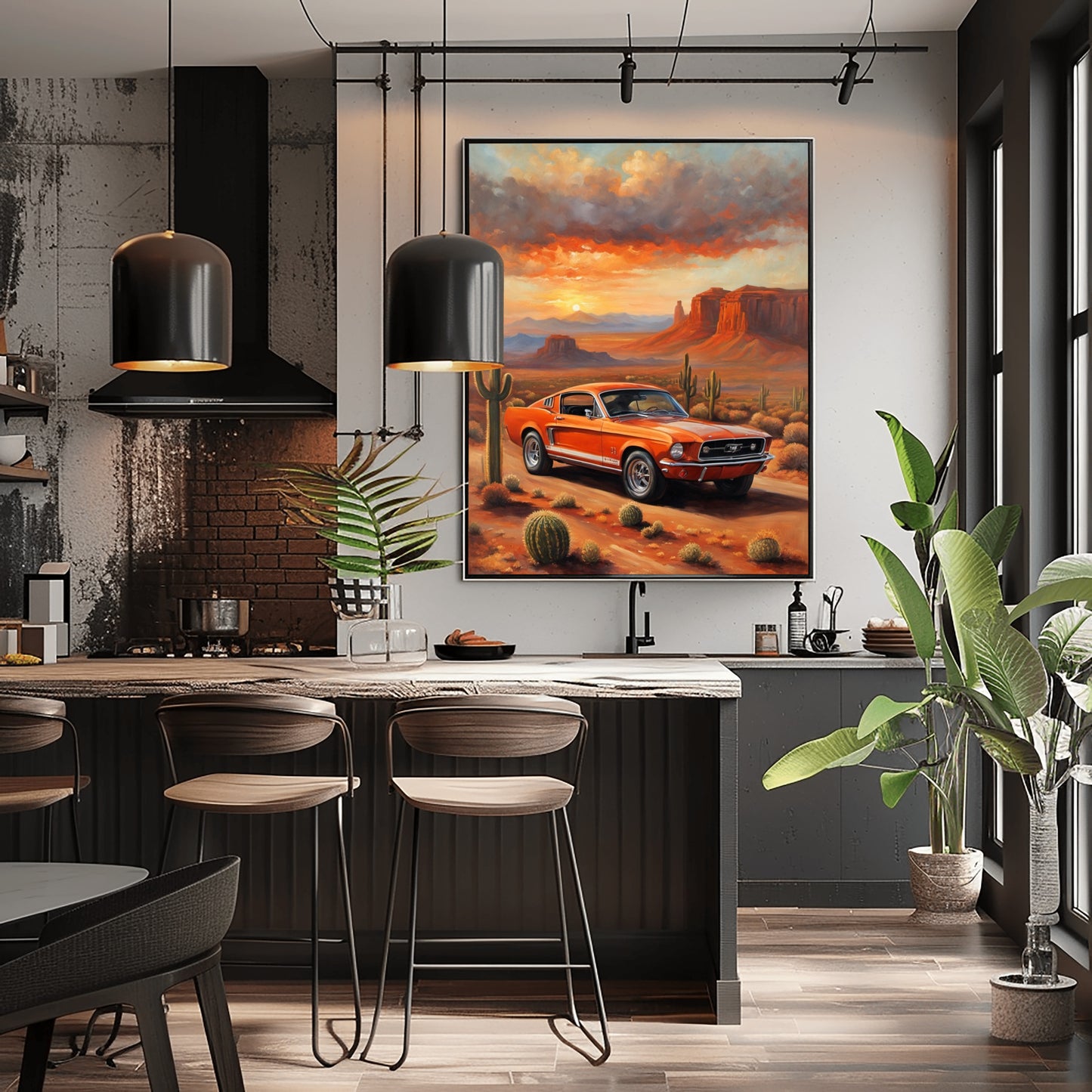 Modern kitchen with black island and stools featuring American car wall art print of classic orange muscle car in desert