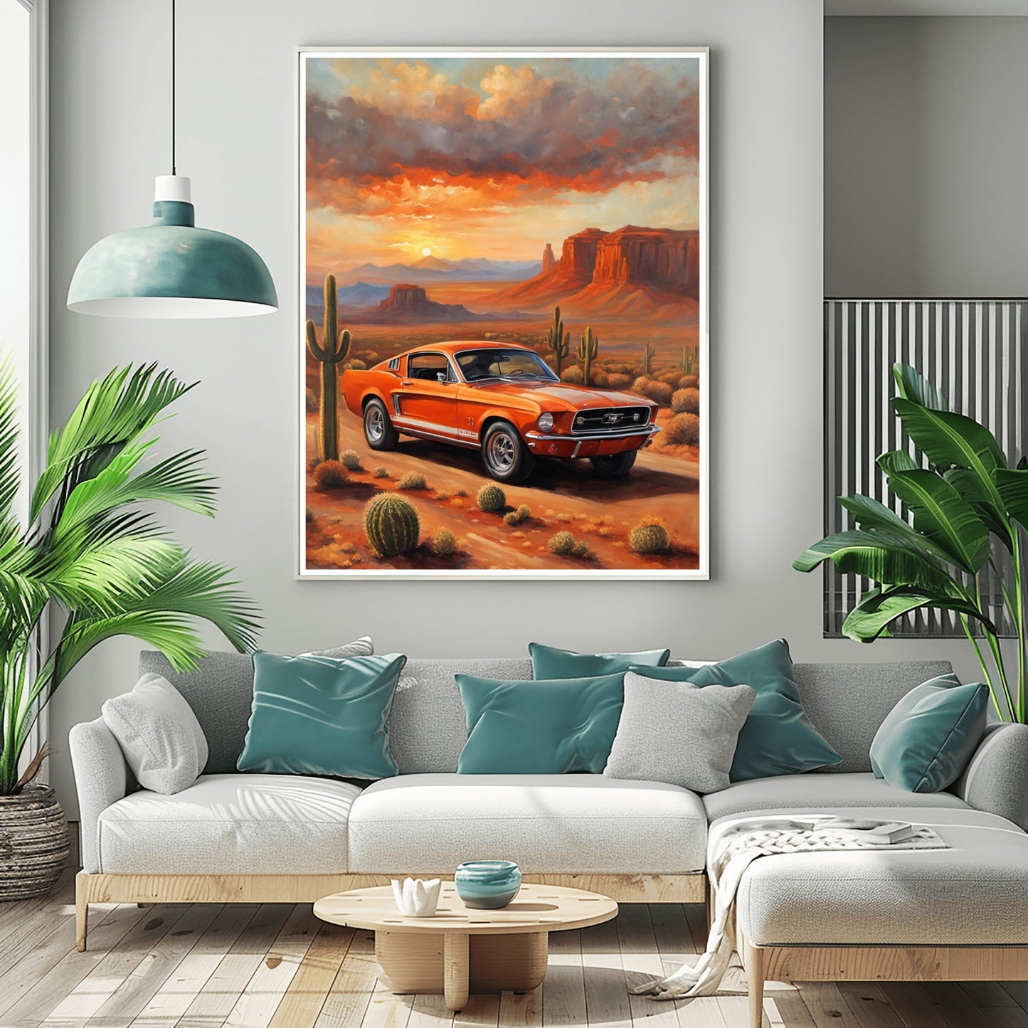 American car wall art print featuring a vintage orange muscle car in a desert landscape with cacti and mountains
