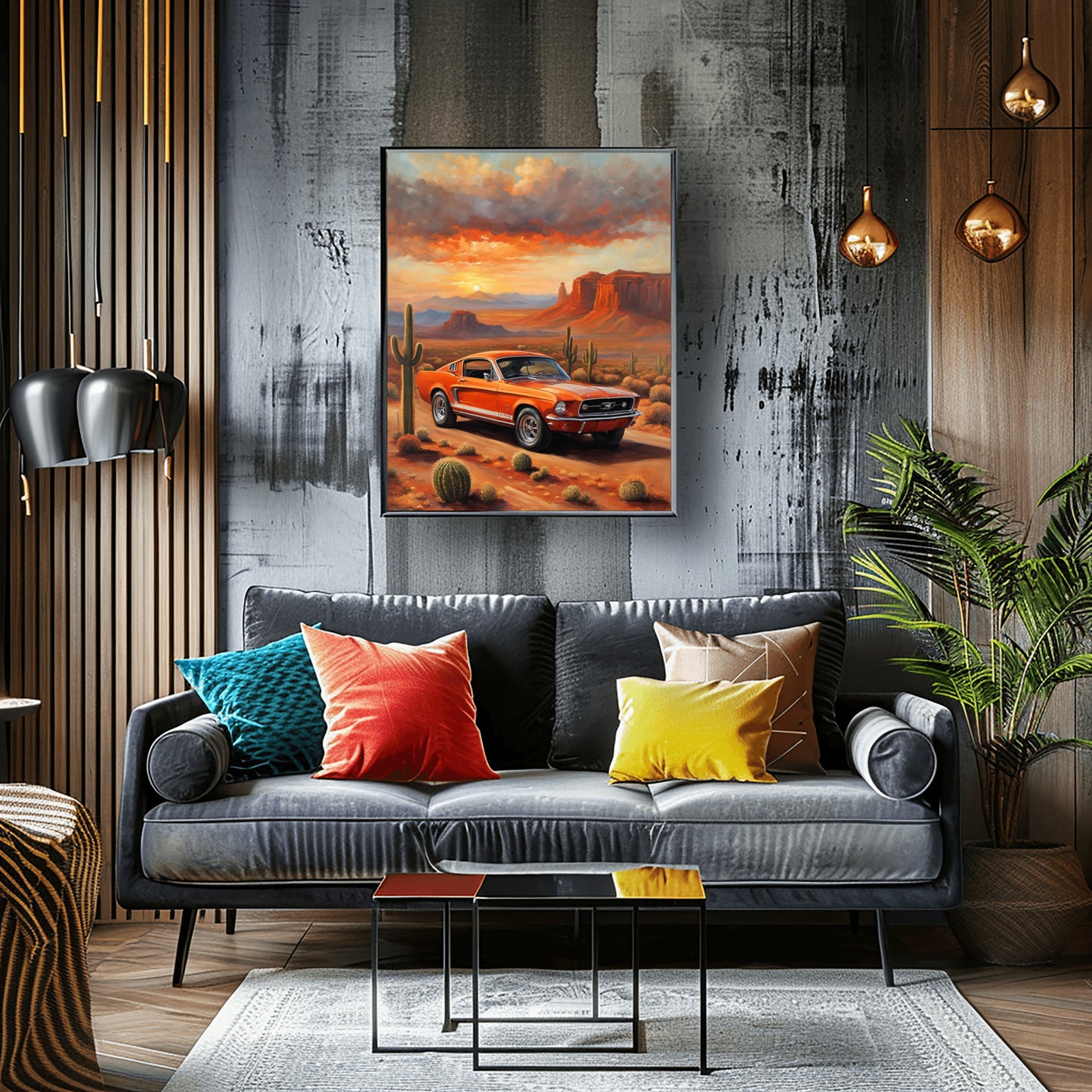 American car wall art print featuring a classic orange car in a desert landscape with cacti and mountains