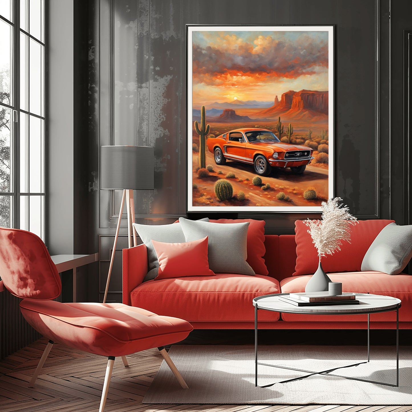 American car wall art print featuring a classic orange muscle car in a desert landscape with cacti and mountains