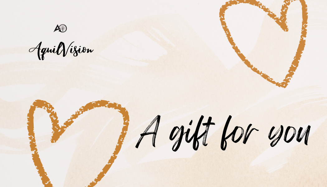 AquilVision gift card with a beige background, two orange heart outlines, and text A gift for you