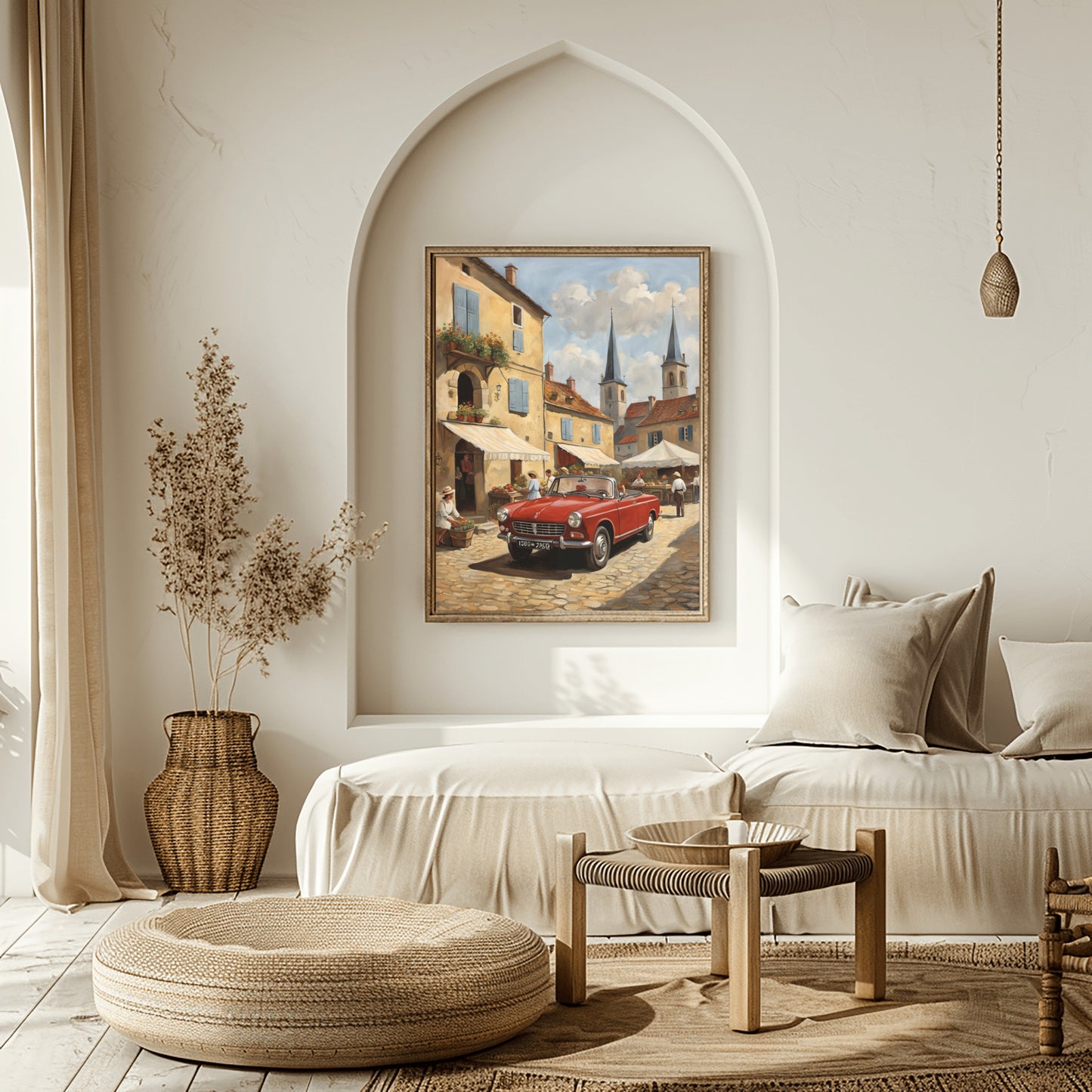 AquilVision digital bustling market scene painting of European street with red vintage car in framed art