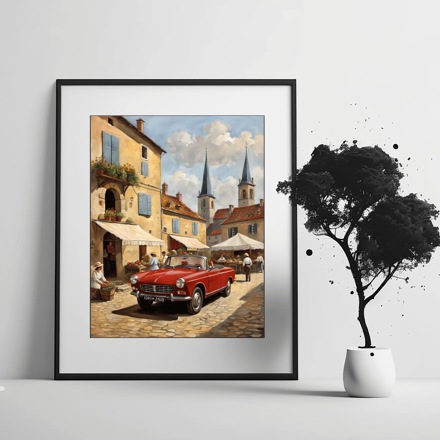 Framed print of bustling market scene painting showing European village market with red vintage car and church spires