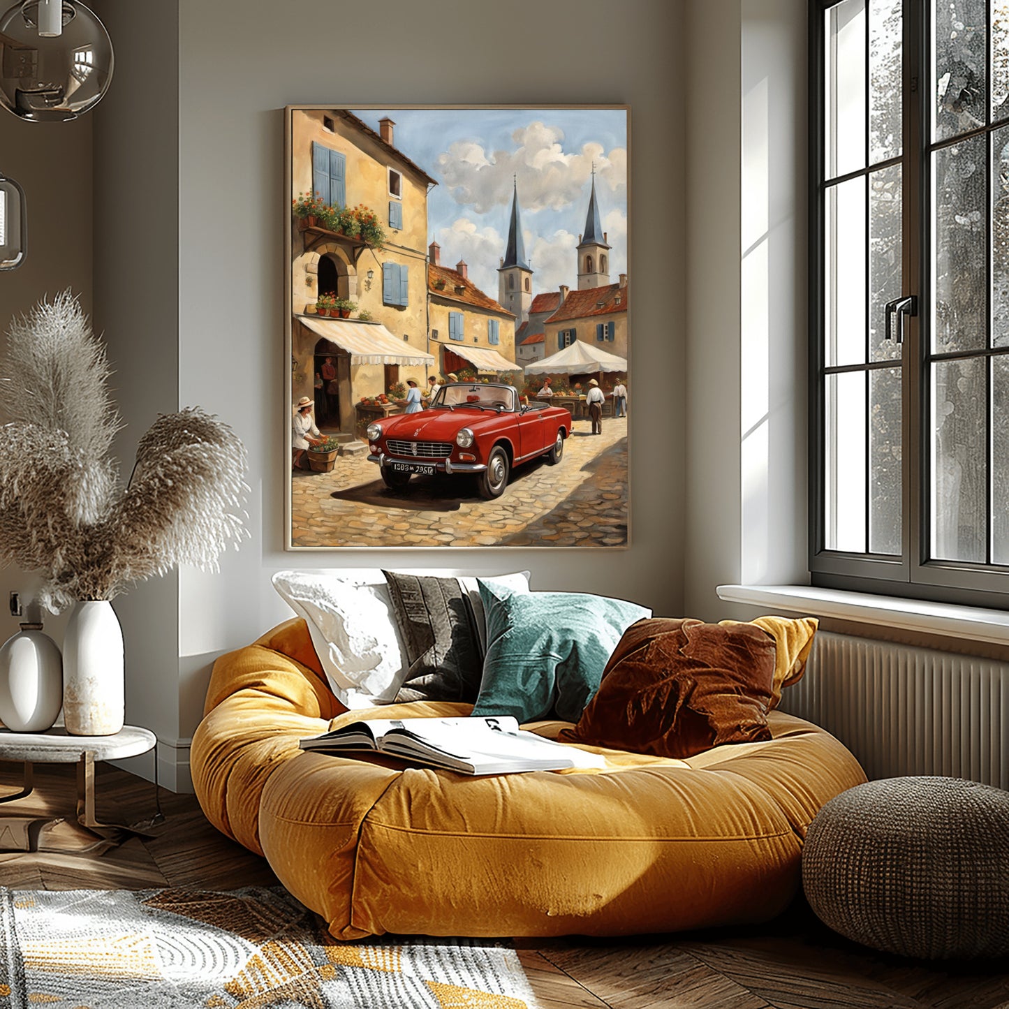 AquilVision digital bustling market scene painting of a European village street with a vintage red convertible