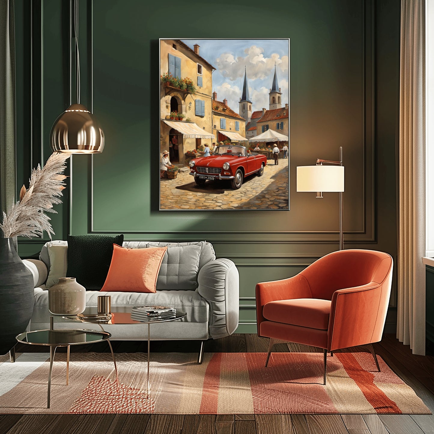 AquilVision digital wall art showing a bustling market scene painting of a European street with a red vintage car