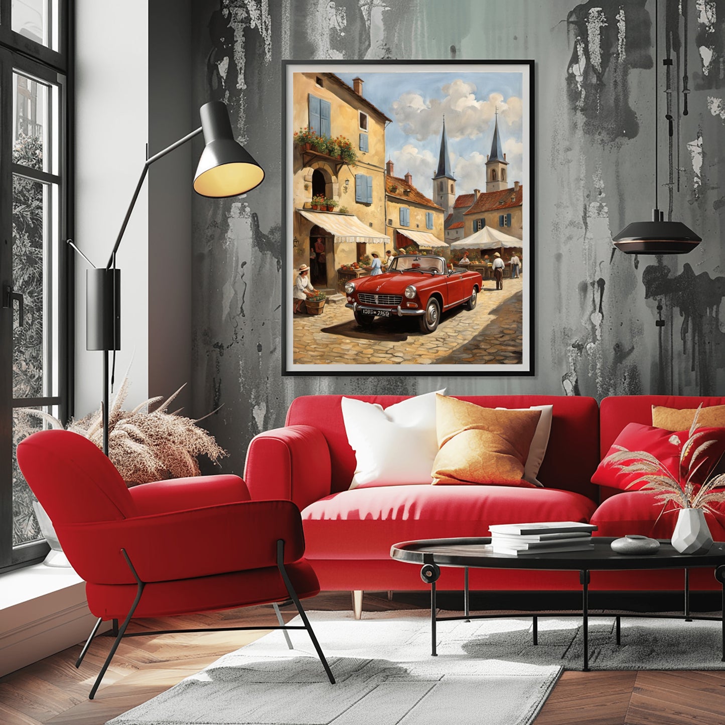 AquilVision digital print bustling market scene painting of European village street with red vintage car above red sofa