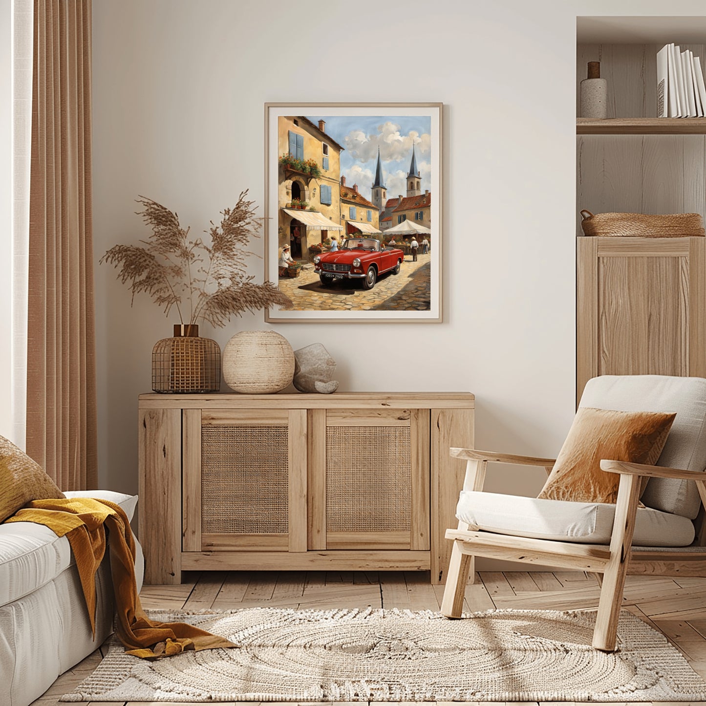 AquilVision digital framed bustling market scene painting of a European street with market stalls and red vintage car