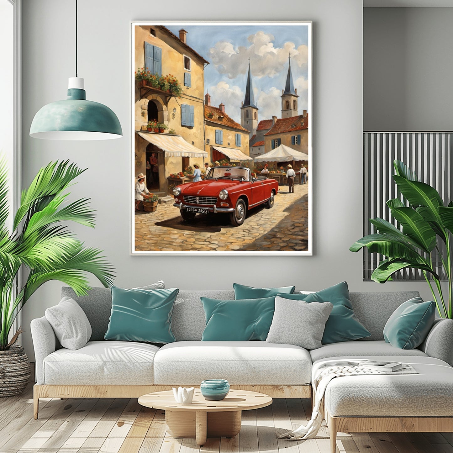 AquilVision digital print of a bustling market scene painting with red vintage car on cobblestone street