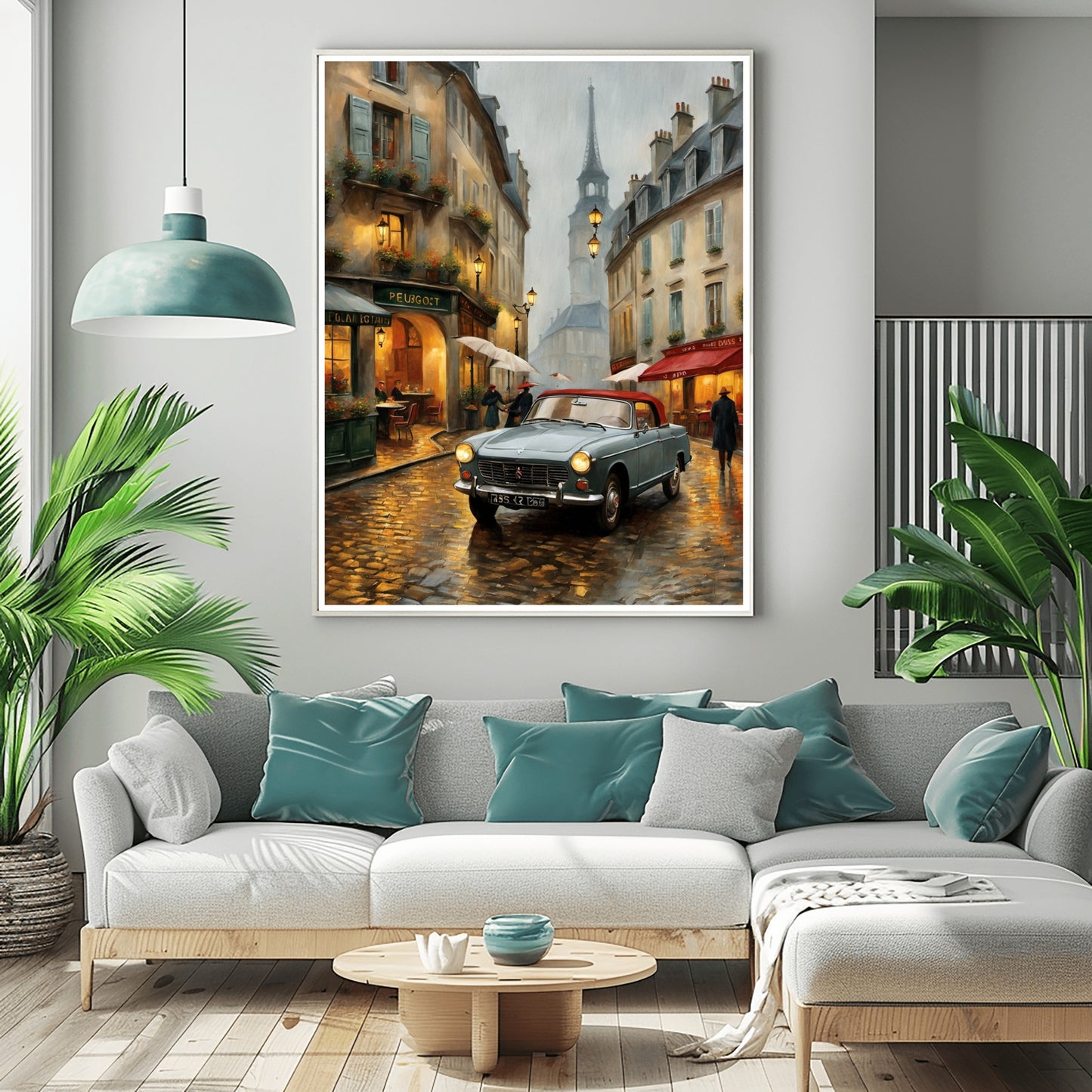 Framed Parisian street decor for living room with rainy cobblestone scene vintage car and Eiffel Tower above sofa
