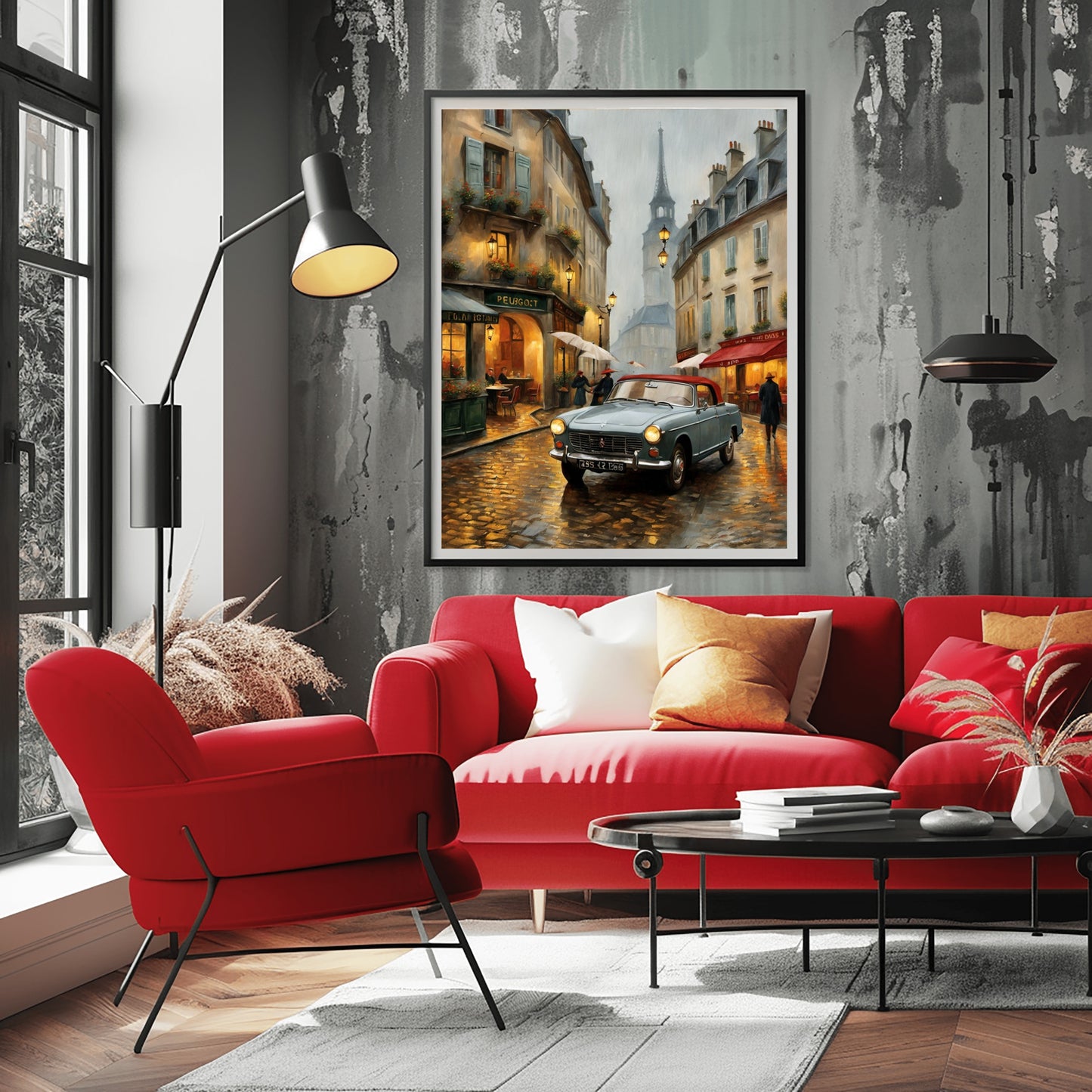 AquilVision digital print of a rainy Paris street scene with vintage car and Eiffel Tower as Parisian street decor for living room