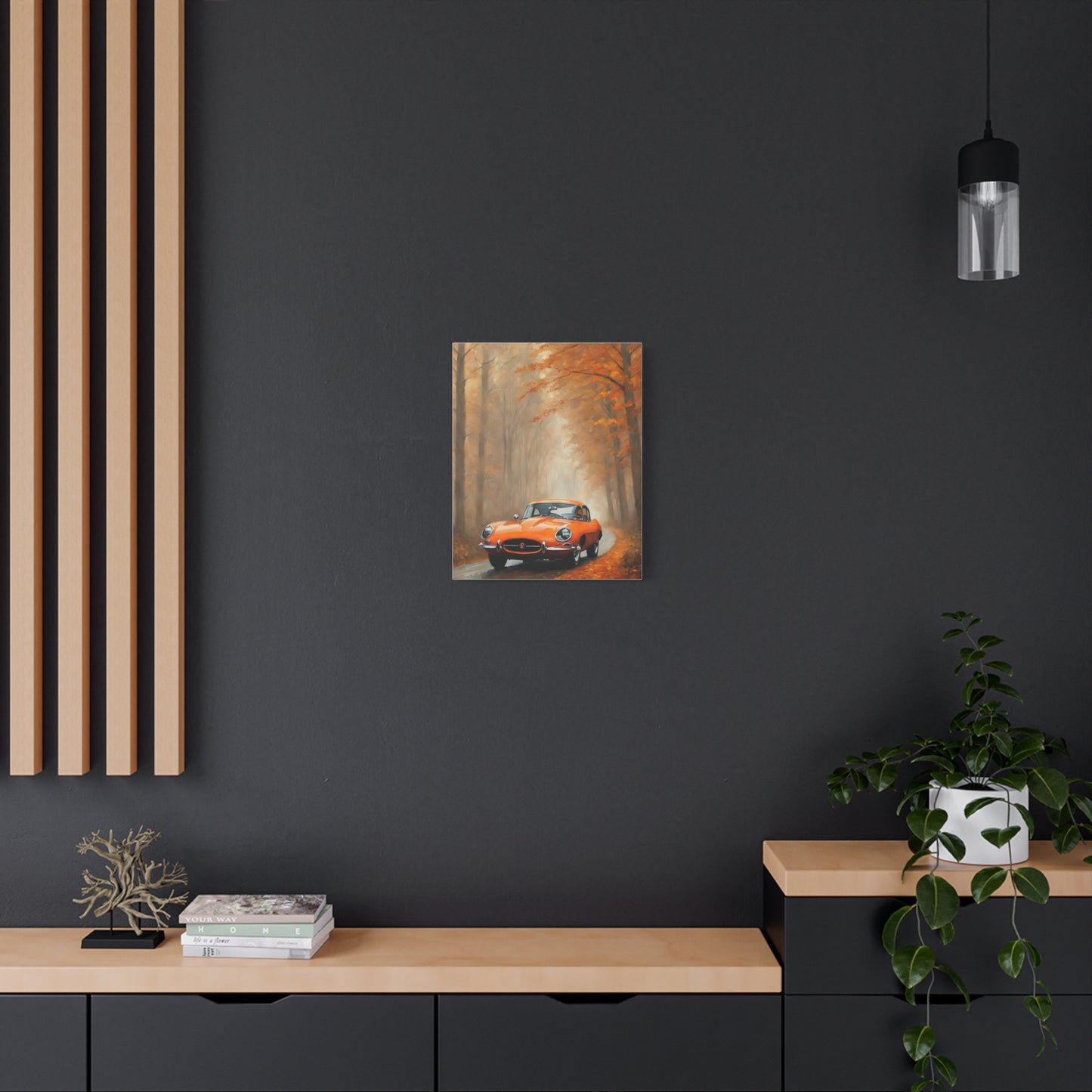 Autumn Car Canvas Print featuring a vintage car on a tree-lined road with autumn leaves