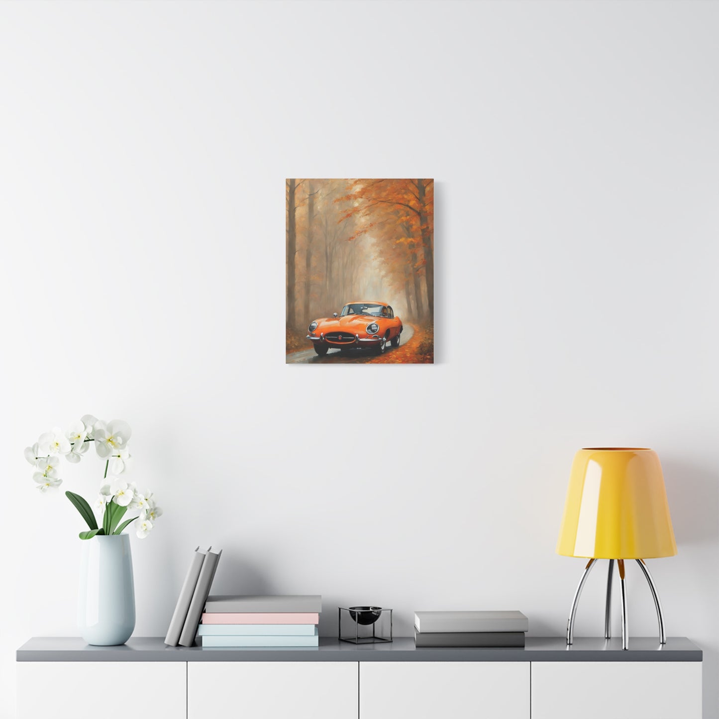 Autumn Car Canvas Print featuring a vintage car in a scenic autumn landscape
