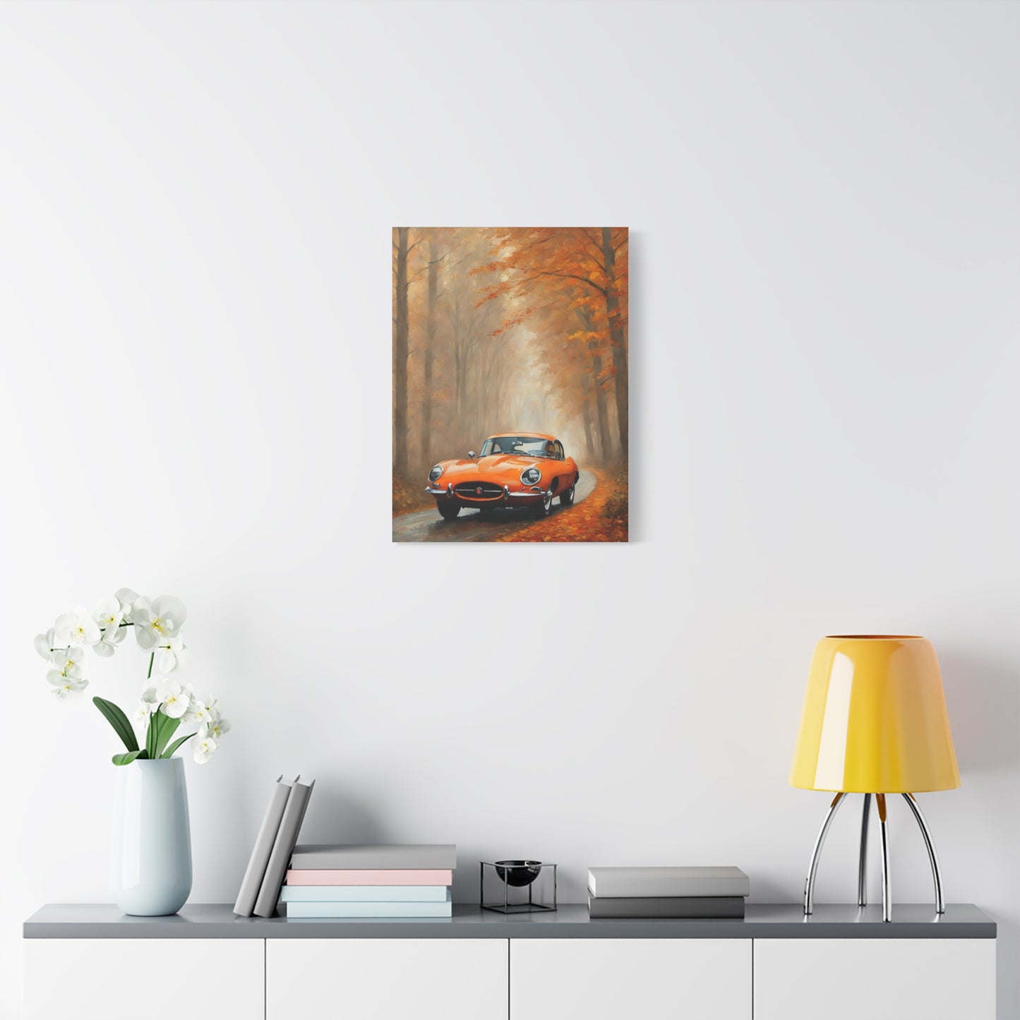 Autumn Car Canvas Print featuring a vintage car on a scenic road with fall foliage