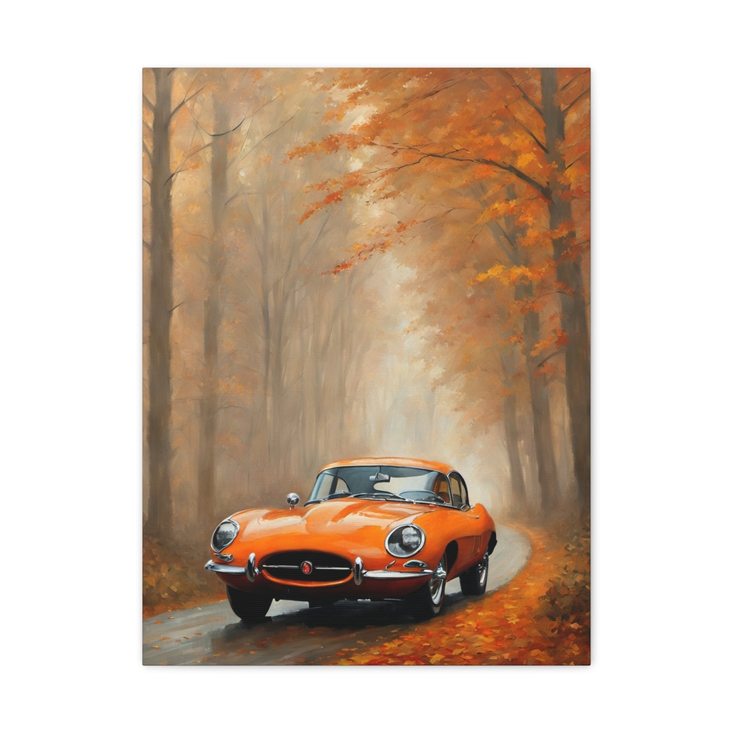 Autumn Car Canvas Print featuring a vintage orange car in a forest of fall foliage