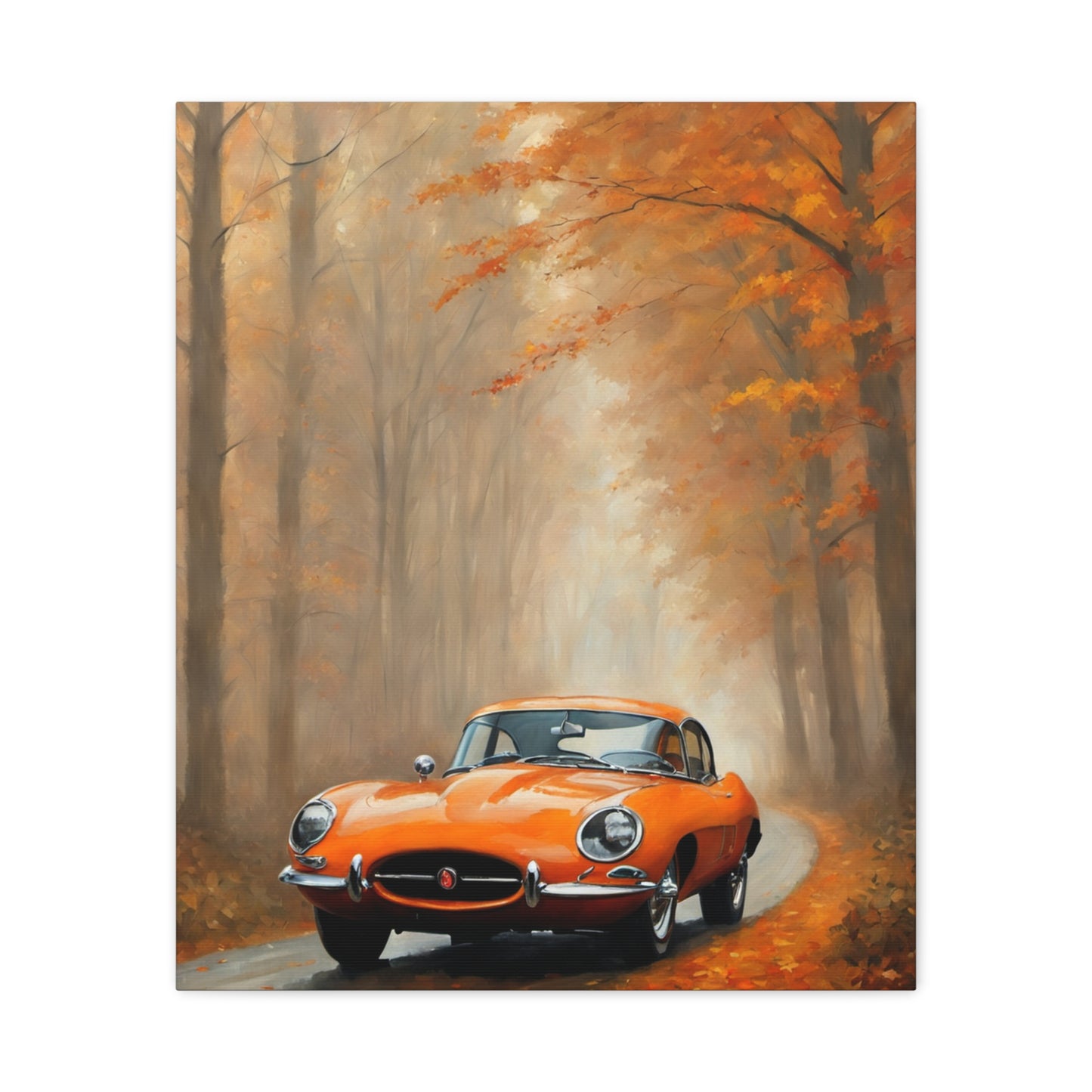 Autumn Car Canvas Print featuring an orange vintage car in a forest of colorful autumn leaves