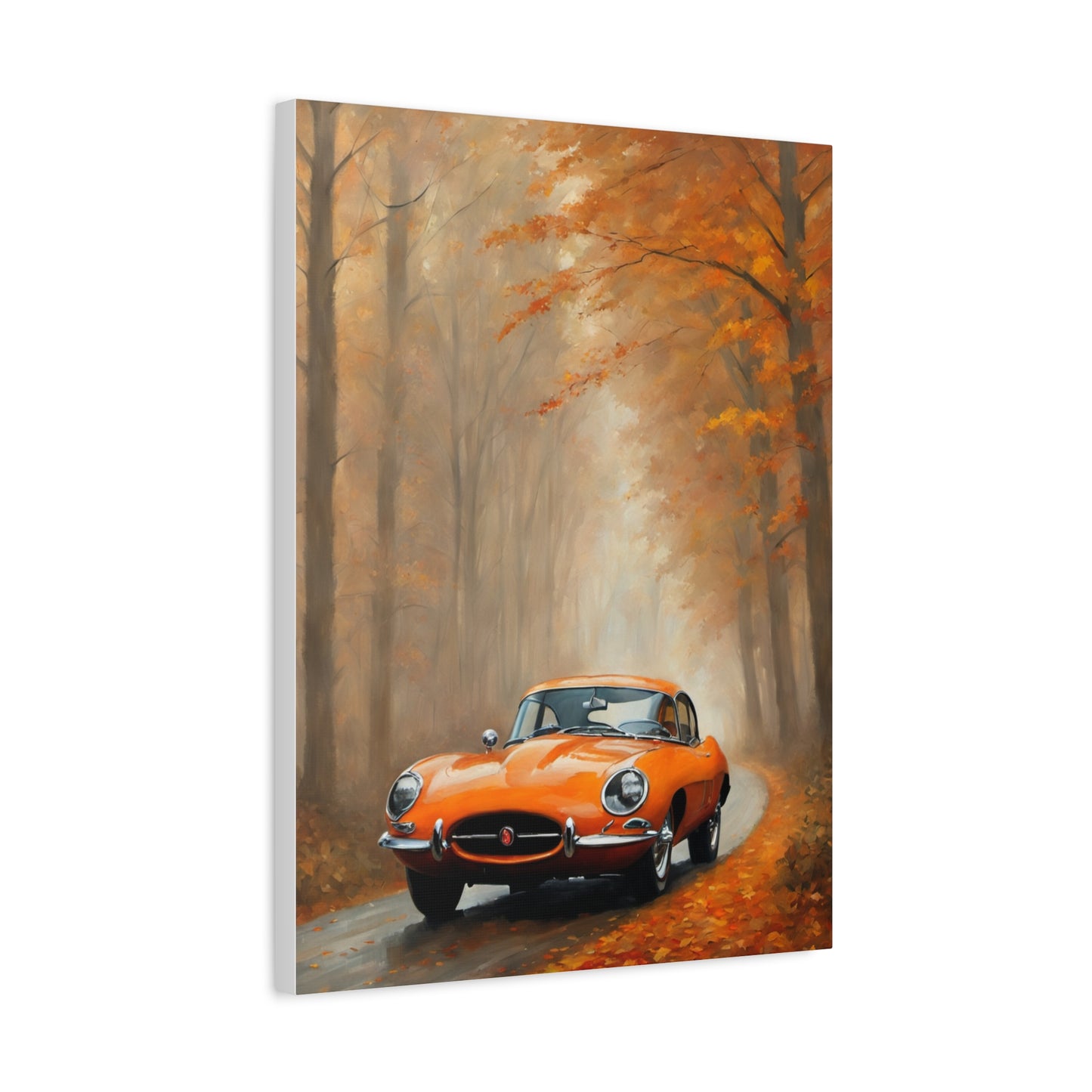 Autumn Car Canvas Print featuring an orange classic car on a scenic fall road surrounded by vibrant autumn foliage