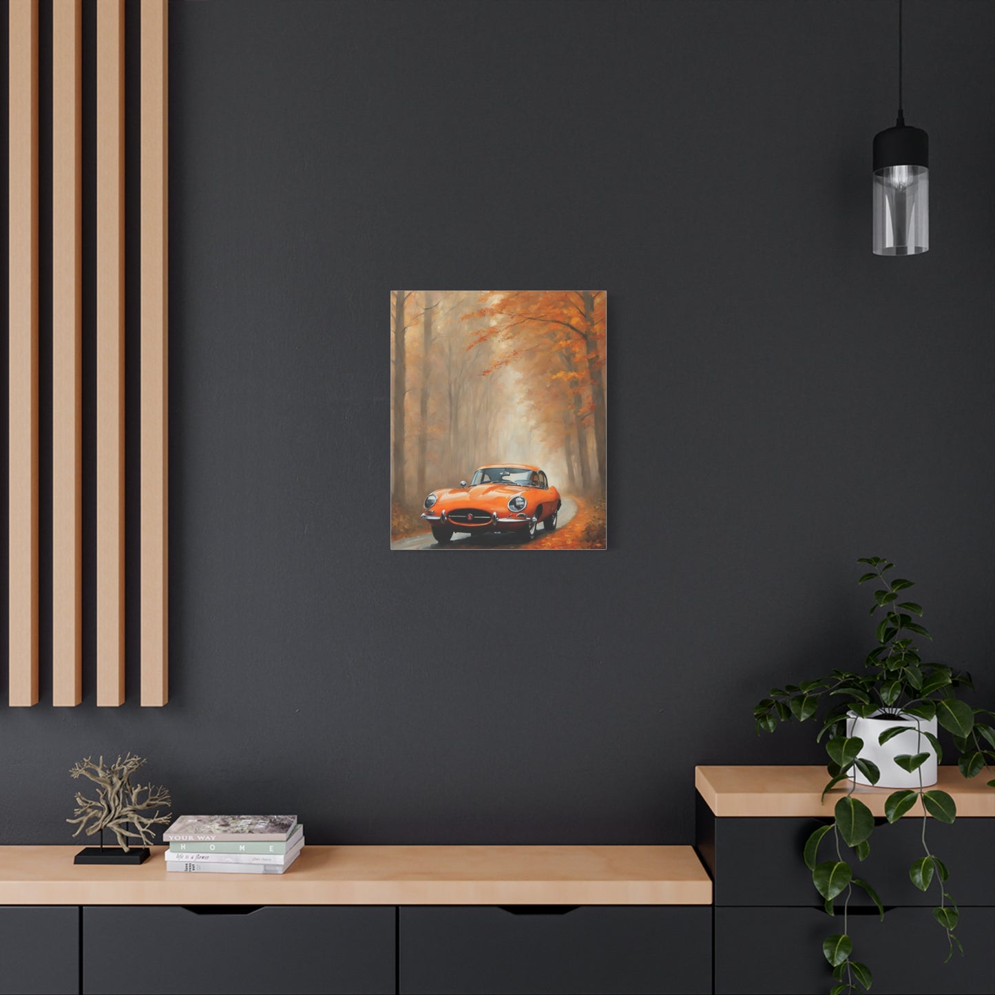 Autumn Car Canvas Print featuring a classic car on a tree-lined road with vibrant fall foliage