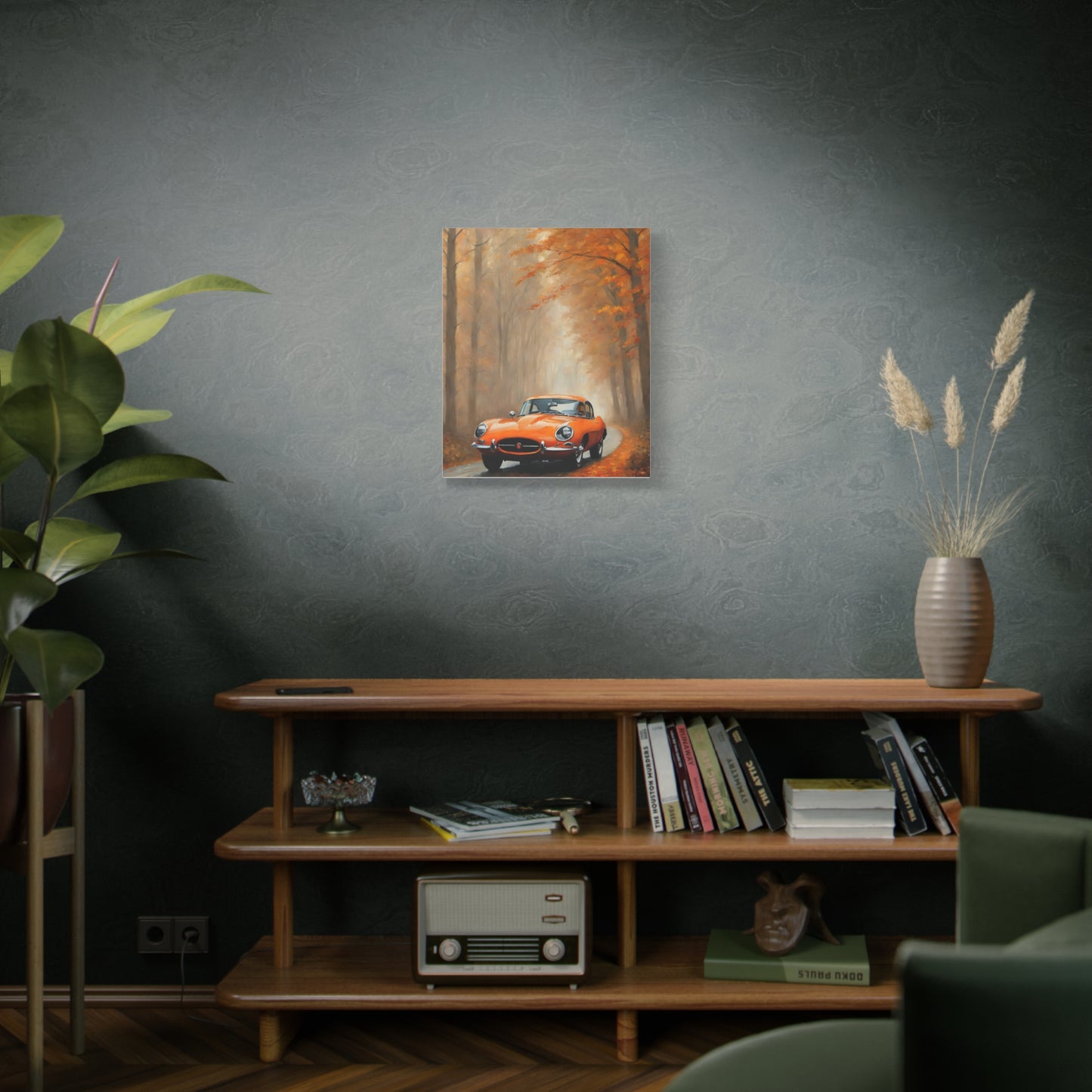 Autumn Car Canvas Print featuring a vintage car on a scenic road surrounded by fall foliage