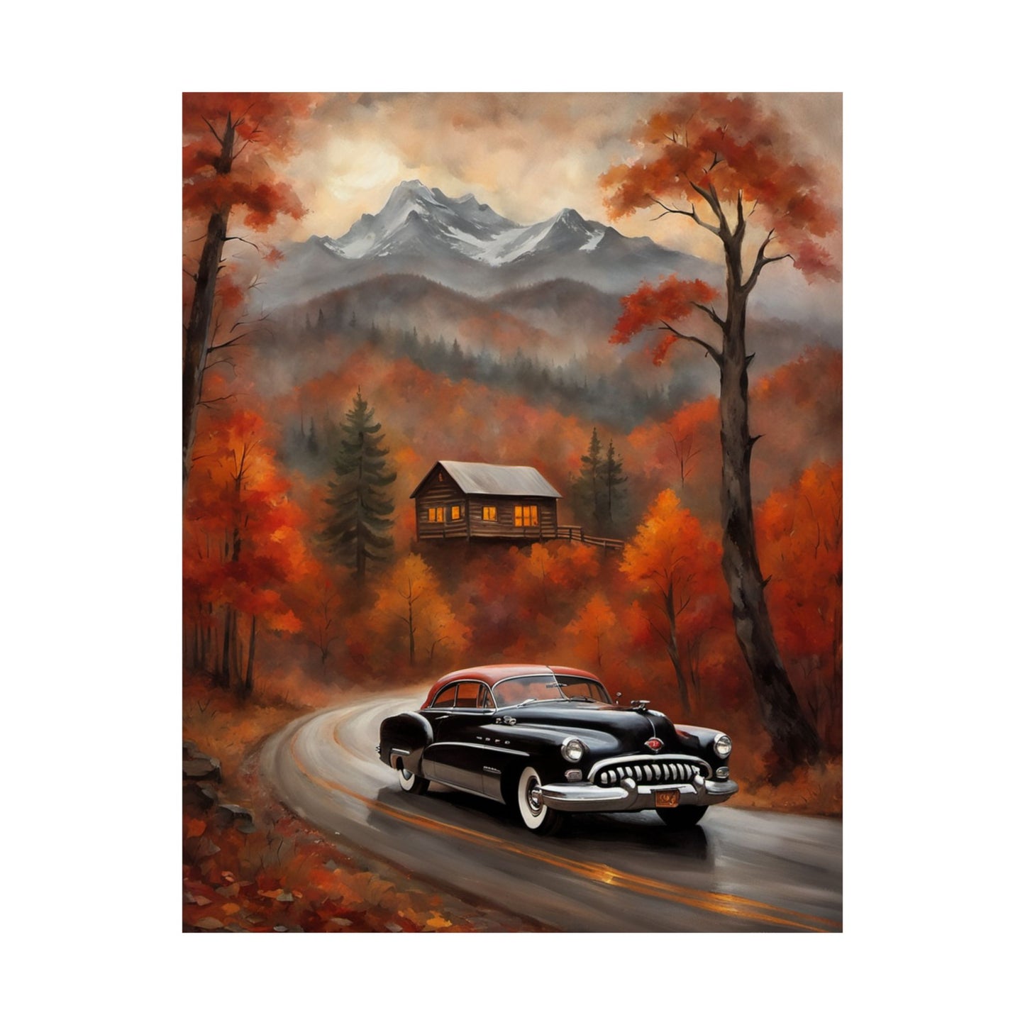 Autumn Landscape Poster featuring a classic car on a scenic road with vibrant fall foliage