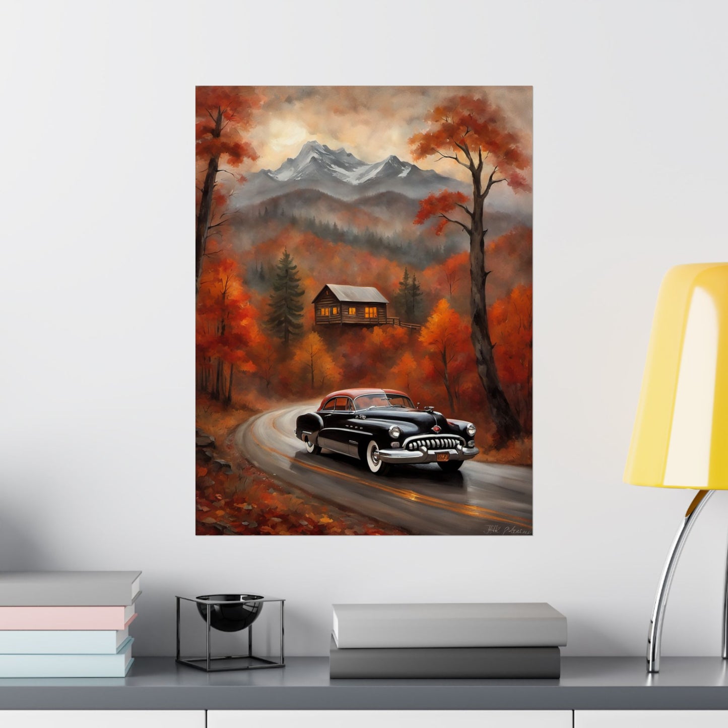 Autumn Landscape Poster featuring a vintage car driving on a scenic road surrounded by fall foliage