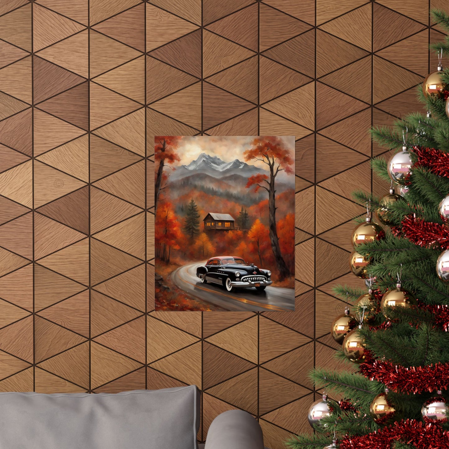 Autumn Landscape Poster featuring a vintage car on a scenic road with fall foliage