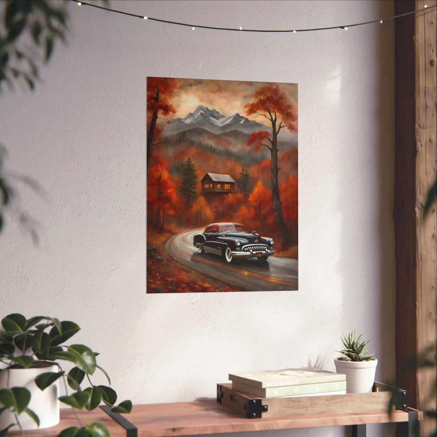 Autumn Landscape Poster featuring a classic car on a colorful fall road with mountains in the background
