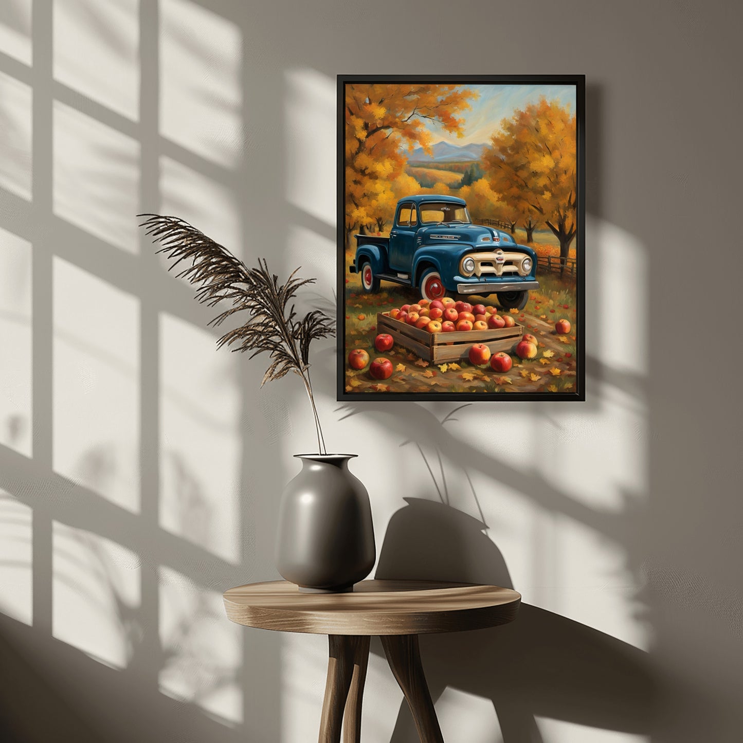 AquilVision autumn orchard harvest painting of vintage blue truck with apples on a wall above wooden table
