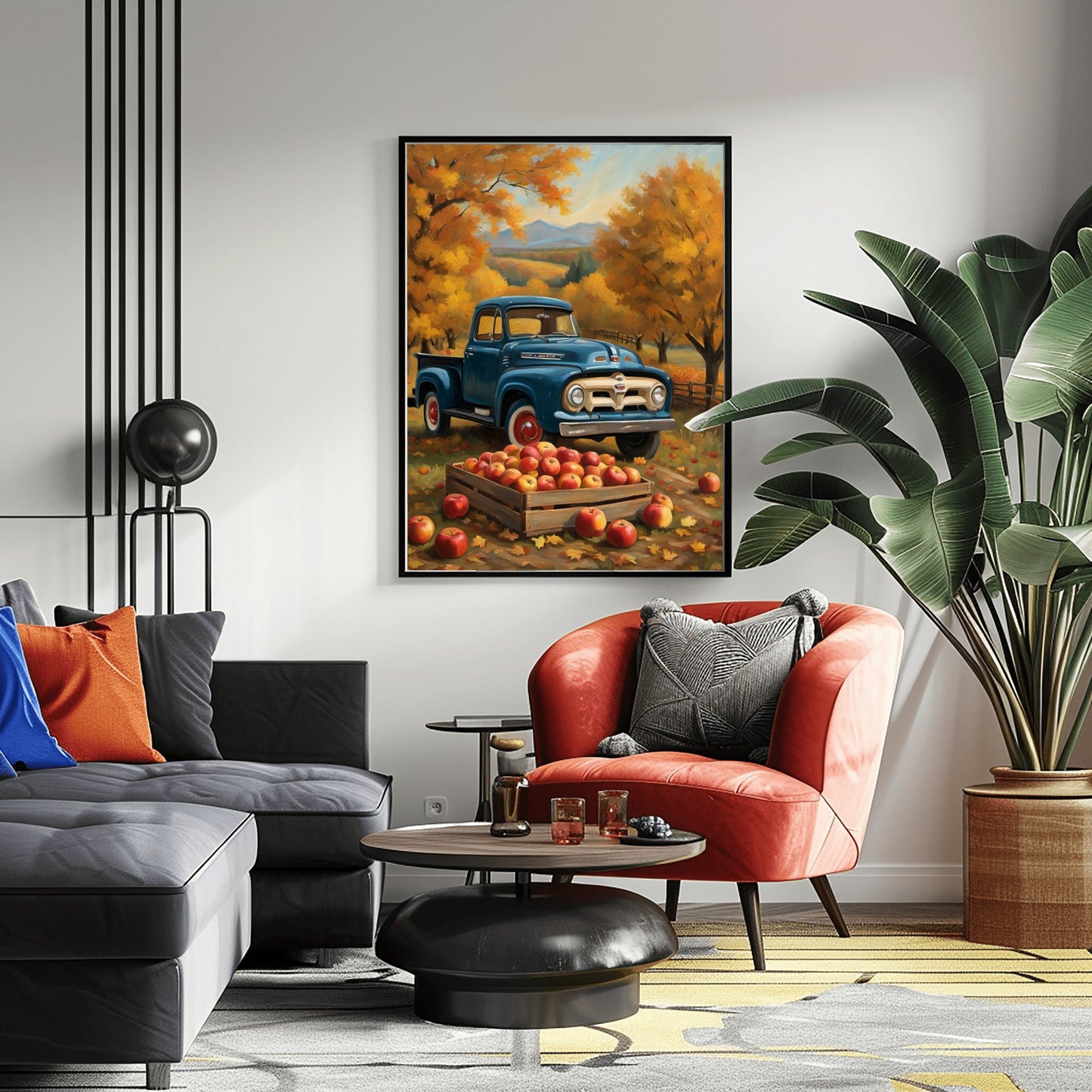 AquilVision autumn orchard harvest painting featuring a blue vintage truck with apple crates hanging on a living room wall