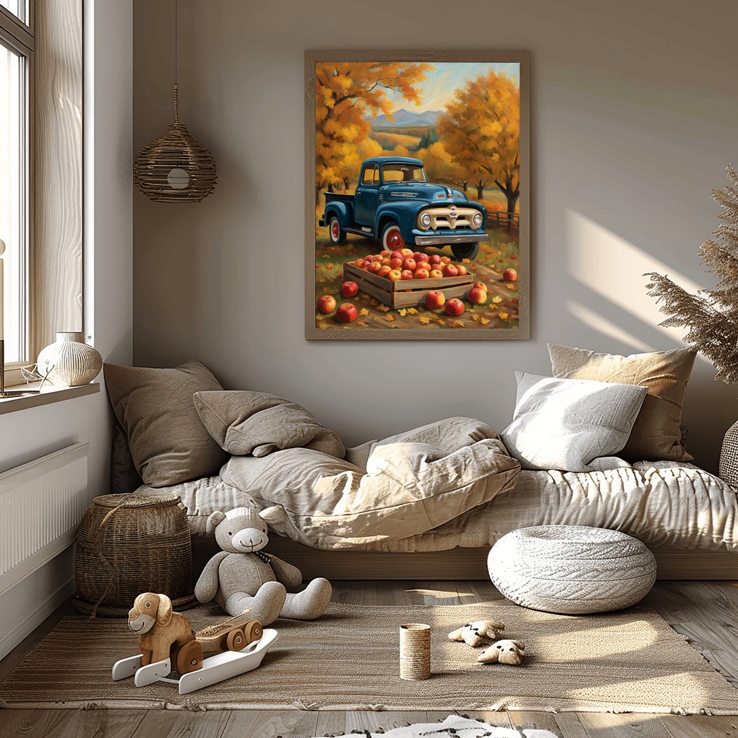 Autumn orchard harvest painting by AquilVision showing vintage blue truck with apples in cozy living room