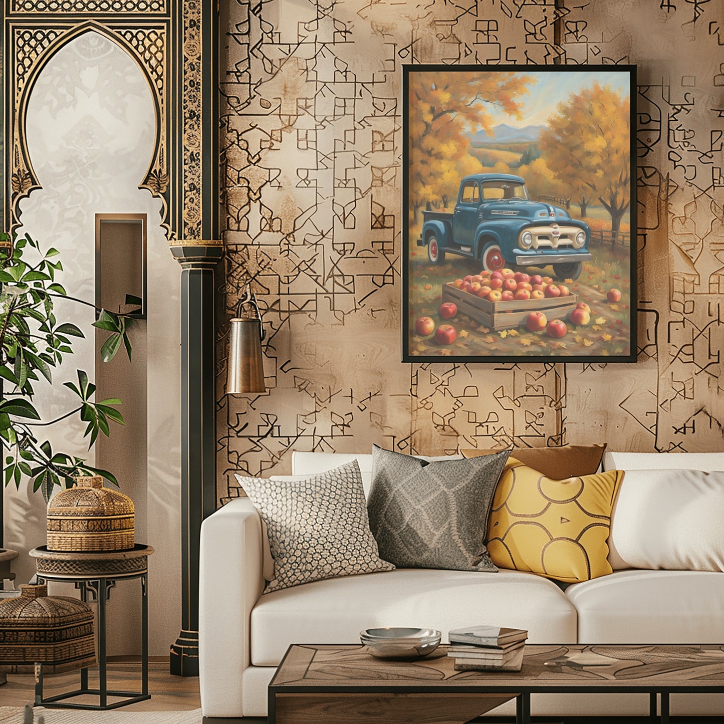 Framed autumn orchard harvest painting with blue vintage truck and apple crates displayed above sofa