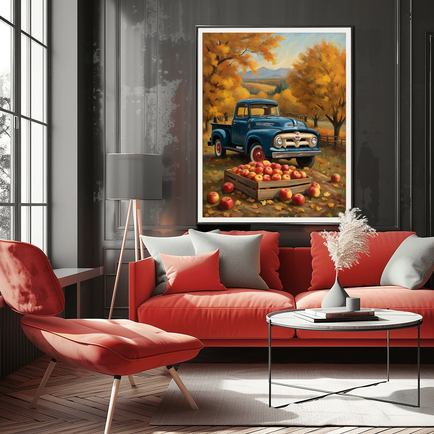 AquilVision autumn orchard harvest painting featuring a vintage blue truck with apples in a modern living room