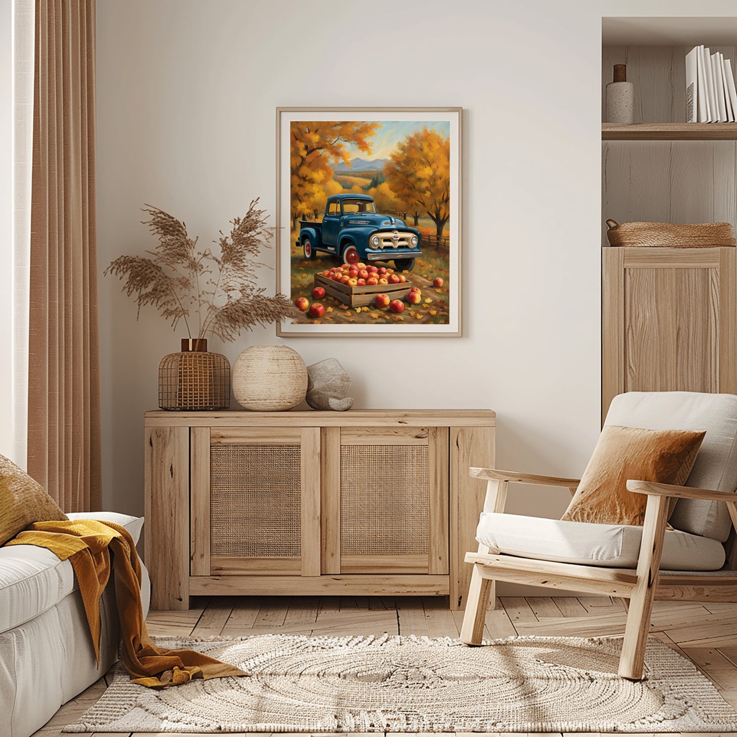 Autumn orchard harvest painting by AquilVision featuring a vintage blue truck and apples displayed in a cozy living room