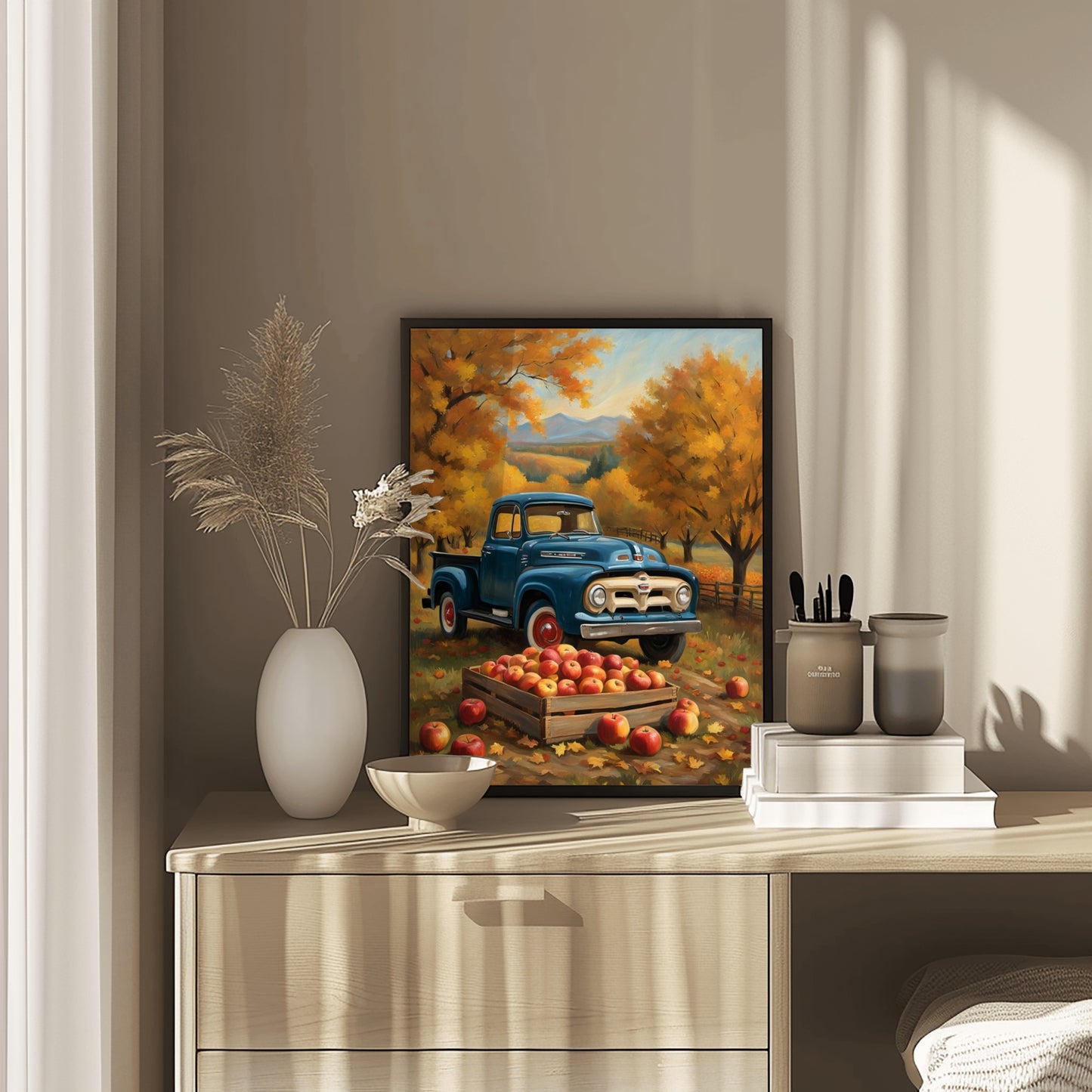 AquilVision digital autumn orchard harvest painting featuring a vintage blue truck and apples in a rustic setting