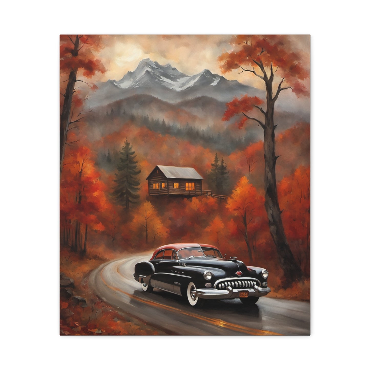Autumn Road Canvas Art Print featuring a classic car surrounded by vibrant fall foliage and mountains
