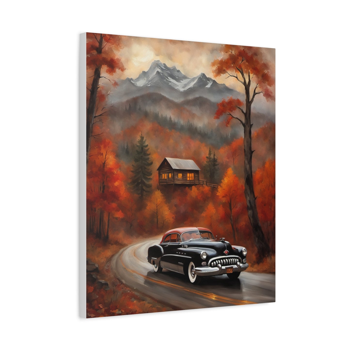 Autumn Road Canvas Art Print featuring a vintage car on a scenic road surrounded by fall colors