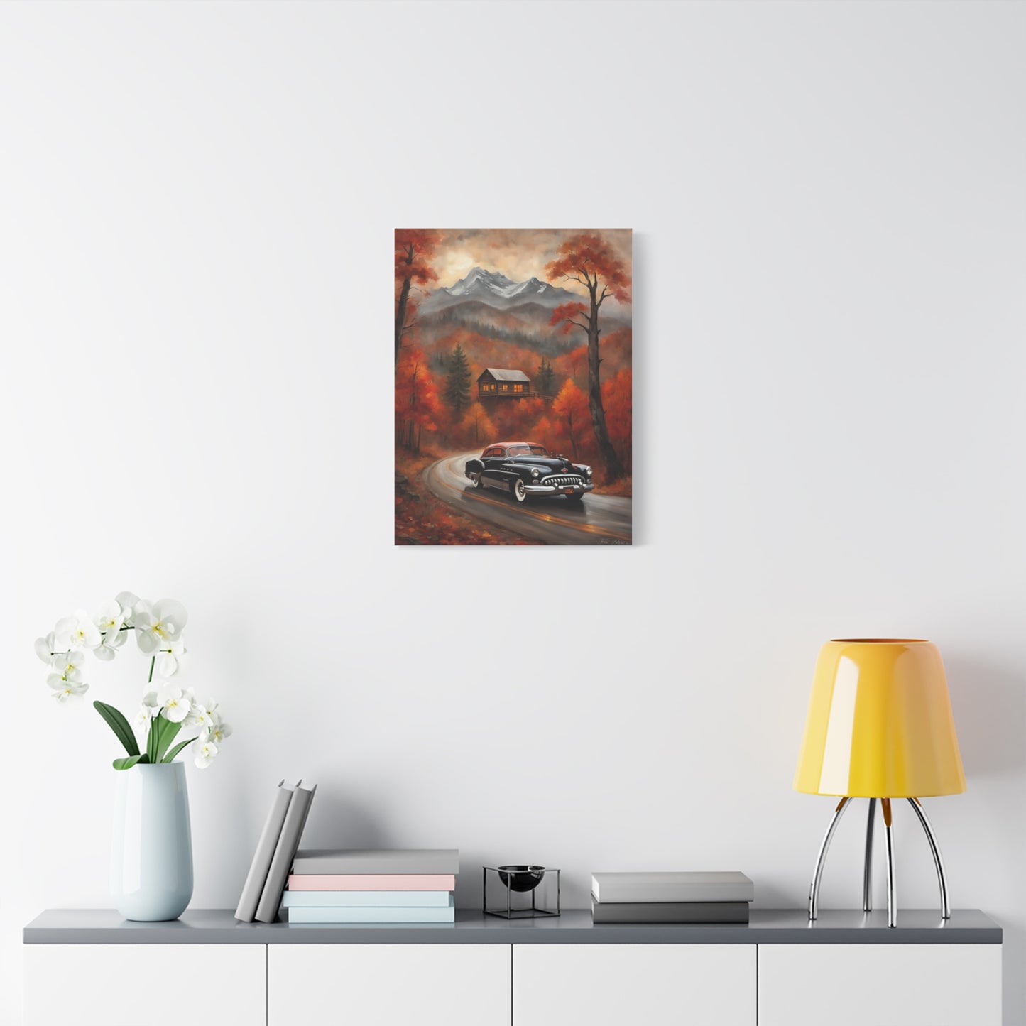 Autumn Road Canvas Art Print featuring a vintage car driving through a colorful autumn landscape
