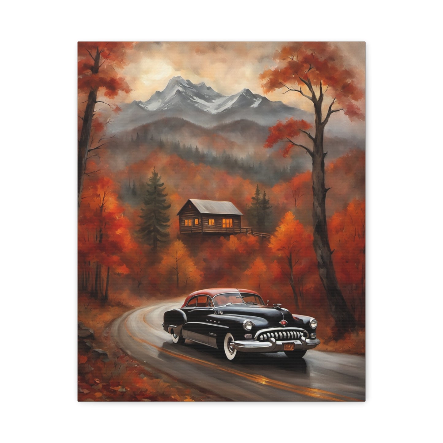 Autumn Road Canvas Art Print featuring a vintage car driving through colorful autumn foliage