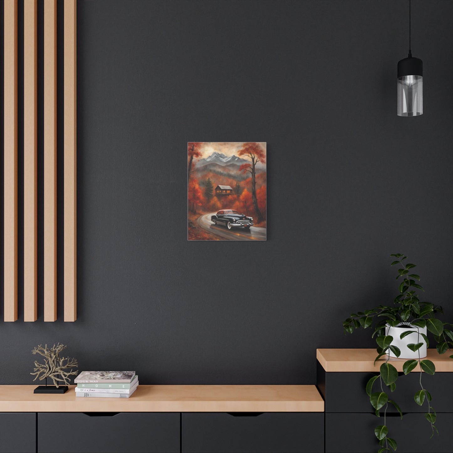 Autumn Road Canvas Art Print featuring a scenic landscape with a car surrounded by fall colors