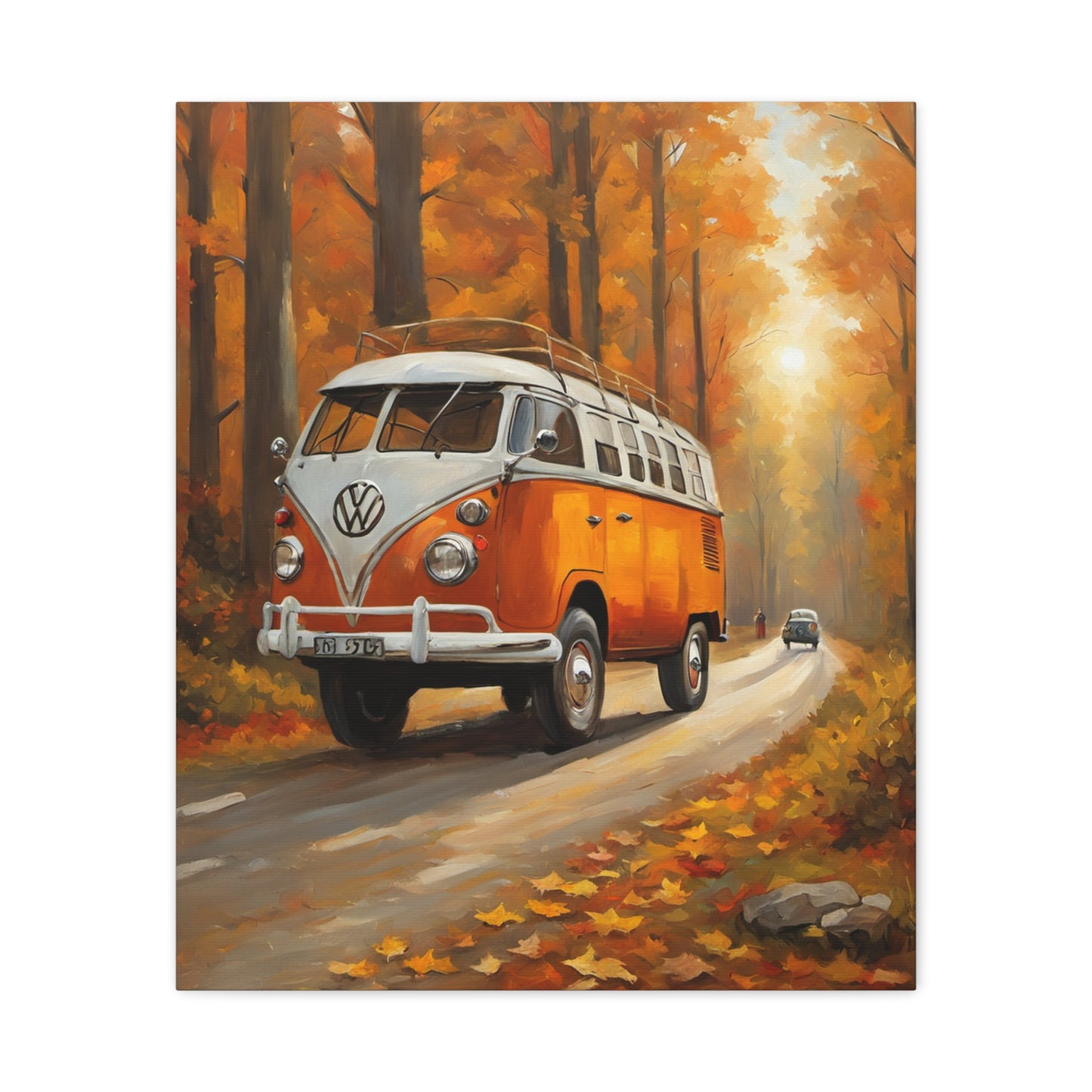 Autumn Van Canvas Print featuring a vintage VW bus driving through a vibrant fall landscape
