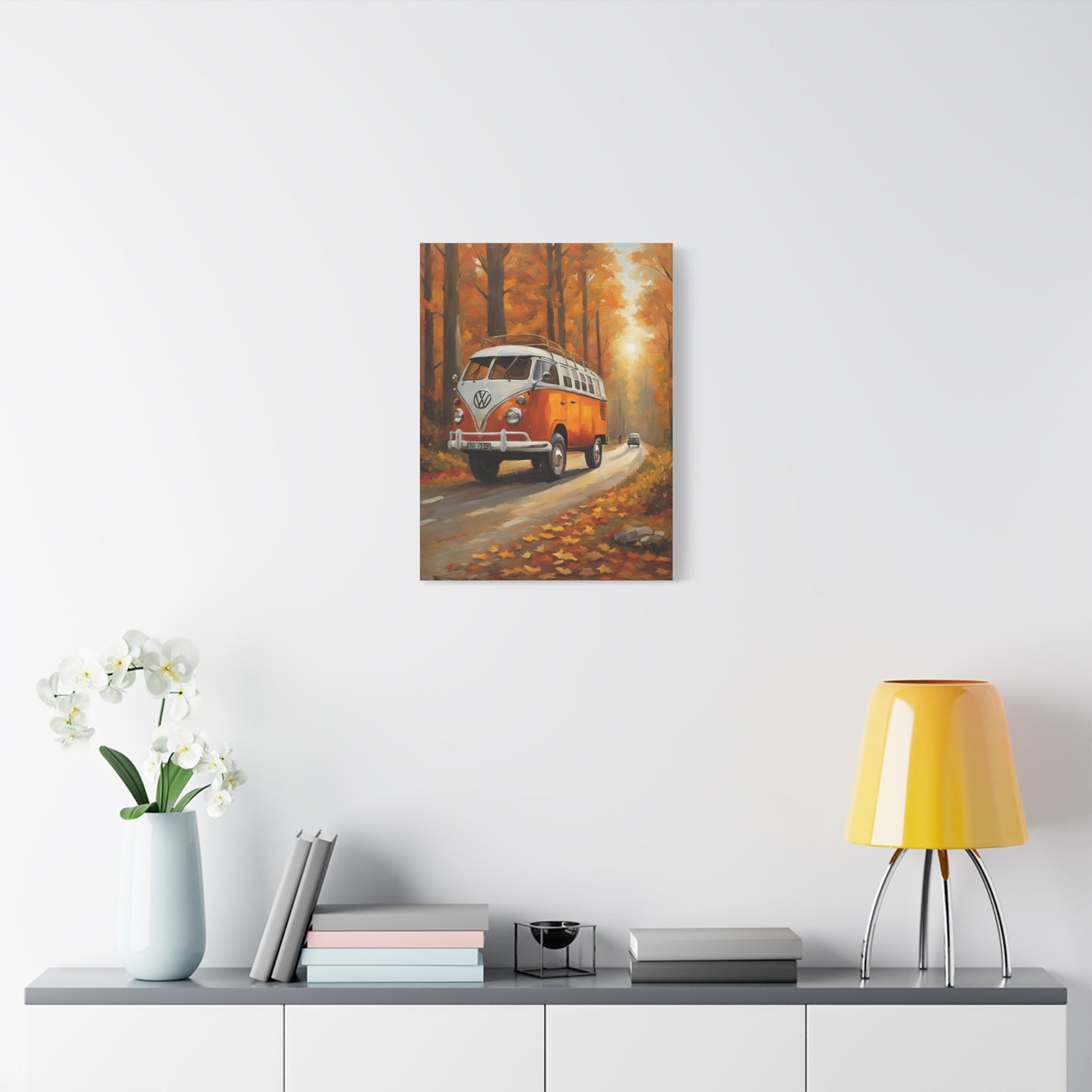 Autumn Van Canvas Print featuring an orange vintage van driving through a fall landscape
