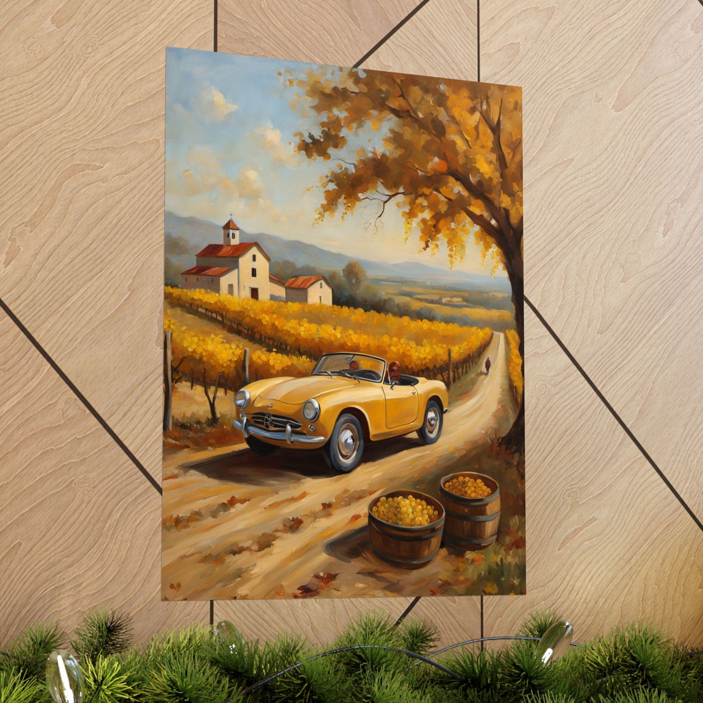 Autumn Vineyard Matte Vertical Poster featuring a scenic drive through vineyards with a vintage car