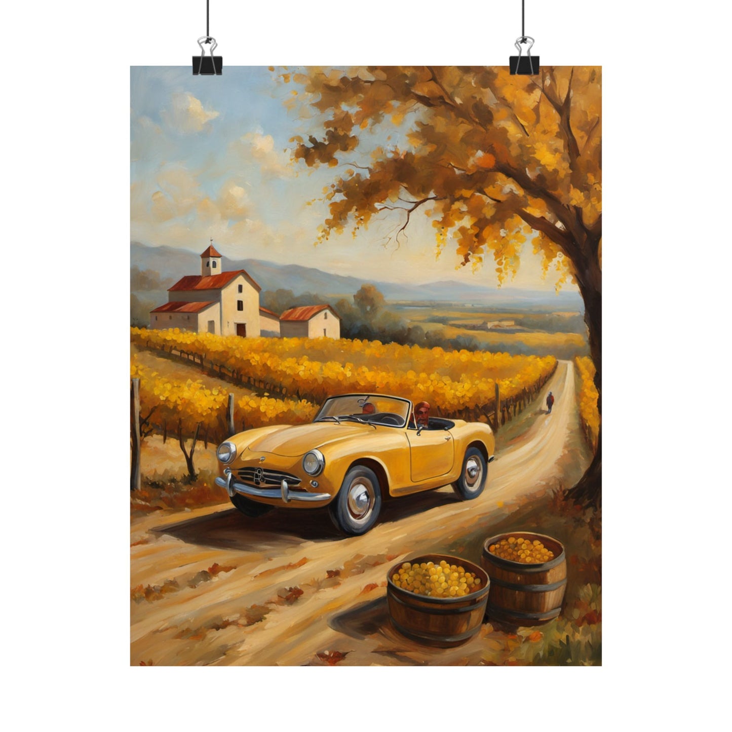 Autumn Vineyard Matte Vertical Poster featuring a yellow car driving through golden vineyards