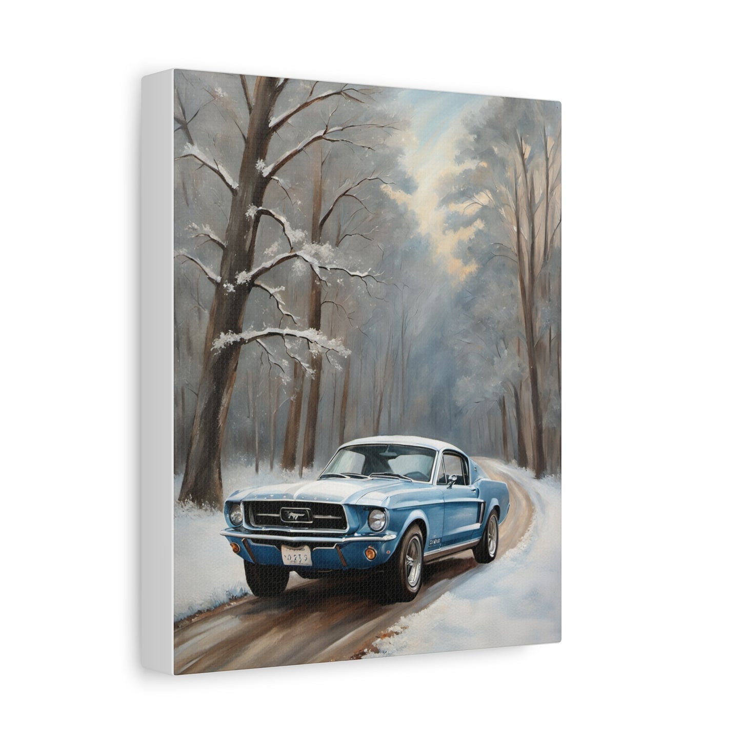 Blue Fastback Winter Scene Canvas Print featuring a nostalgic car on a snowy road
