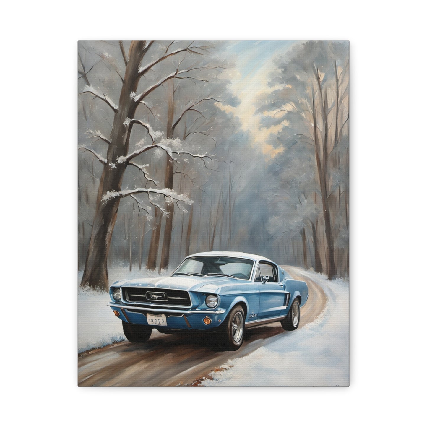 Blue Fastback Winter Scene Canvas Print featuring a old car on a snowy road