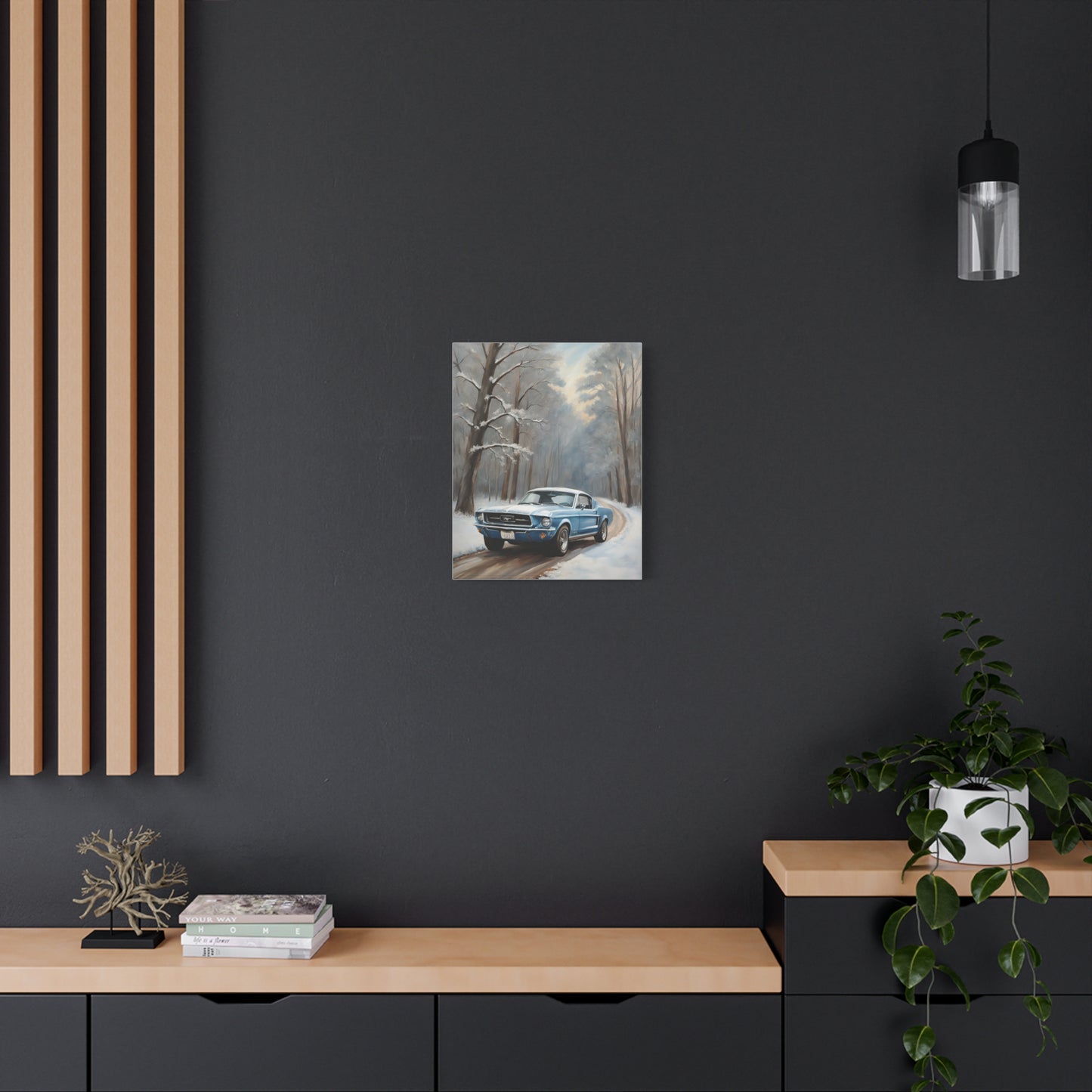 Blue Fastback Winter Scene Canvas Print Featuring a Vintage Car in a Snowy Landscape