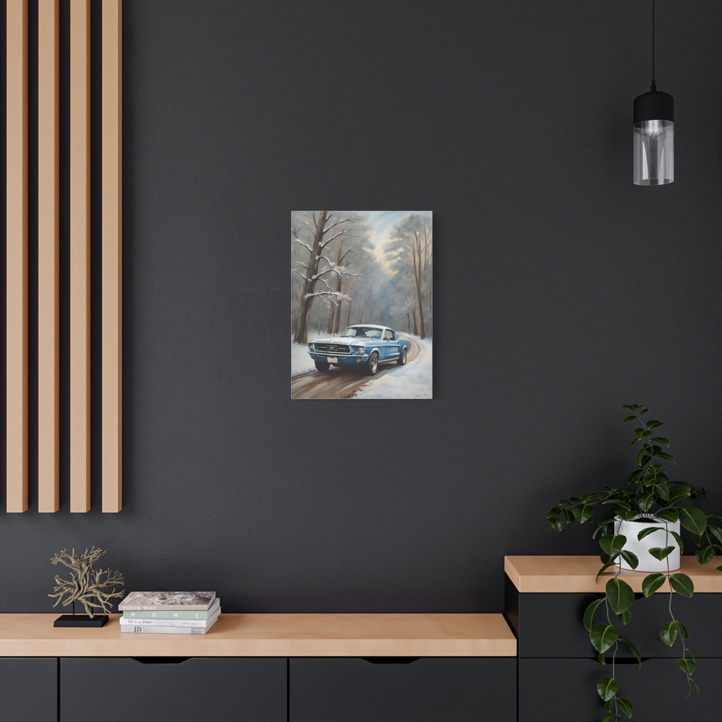 Blue Fastback Winter Scene Canvas Print featuring a muscle car on a snowy road