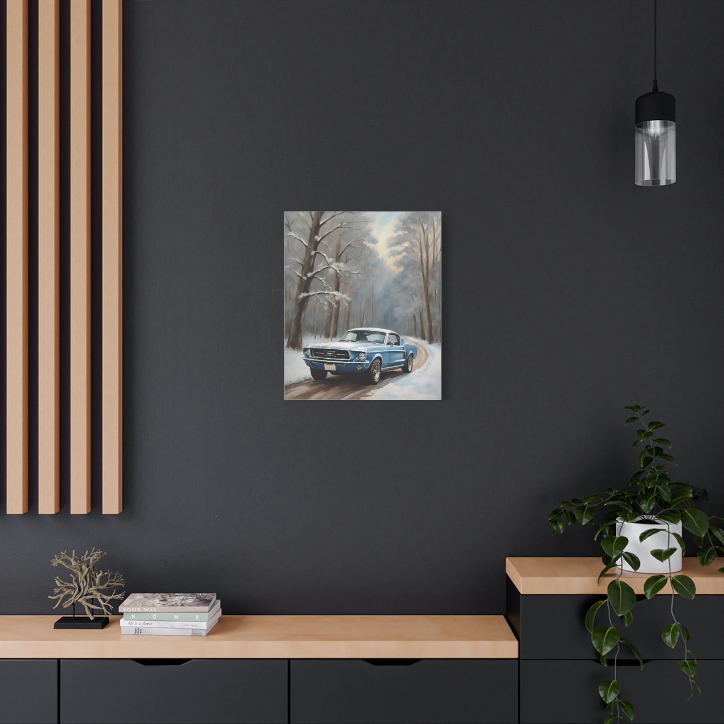 Blue Fastback Winter Scene Canvas Print featuring a classic car on a snowy road